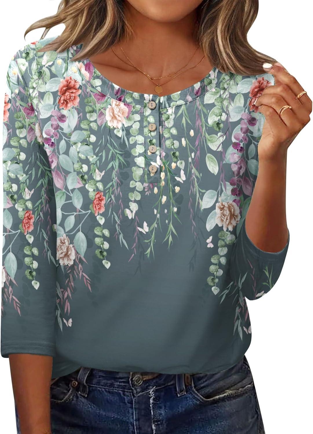 imageZeagoo 34 Length Sleeve Women Tops Crew Neck Blouses Dressy Casual Summer T Shirts Loose Fit Business Work ClothesWf71grey