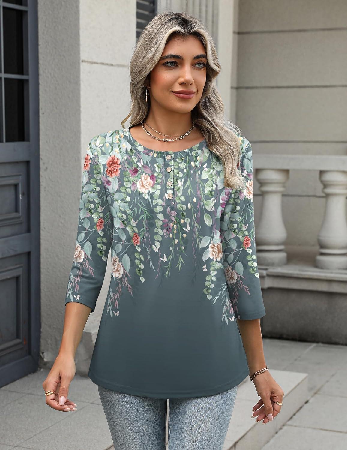 imageZeagoo 34 Length Sleeve Women Tops Crew Neck Blouses Dressy Casual Summer T Shirts Loose Fit Business Work ClothesWf71grey