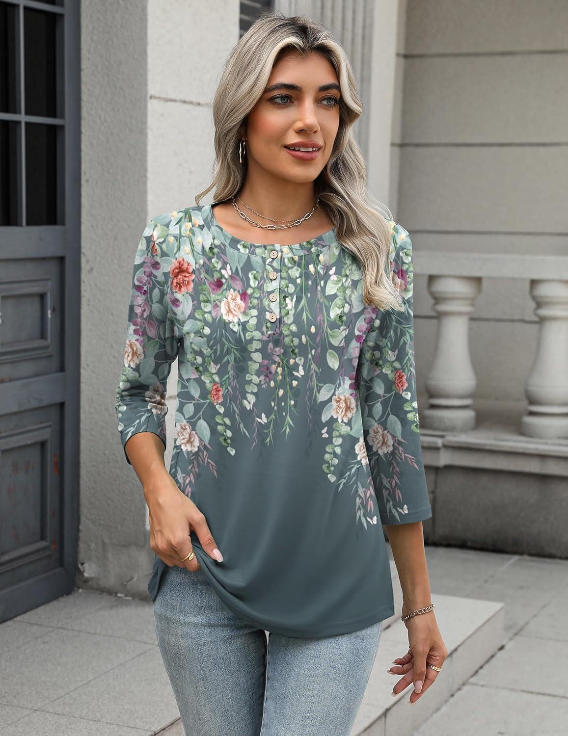 imageZeagoo 34 Length Sleeve Women Tops Crew Neck Blouses Dressy Casual Summer T Shirts Loose Fit Business Work ClothesWf71grey