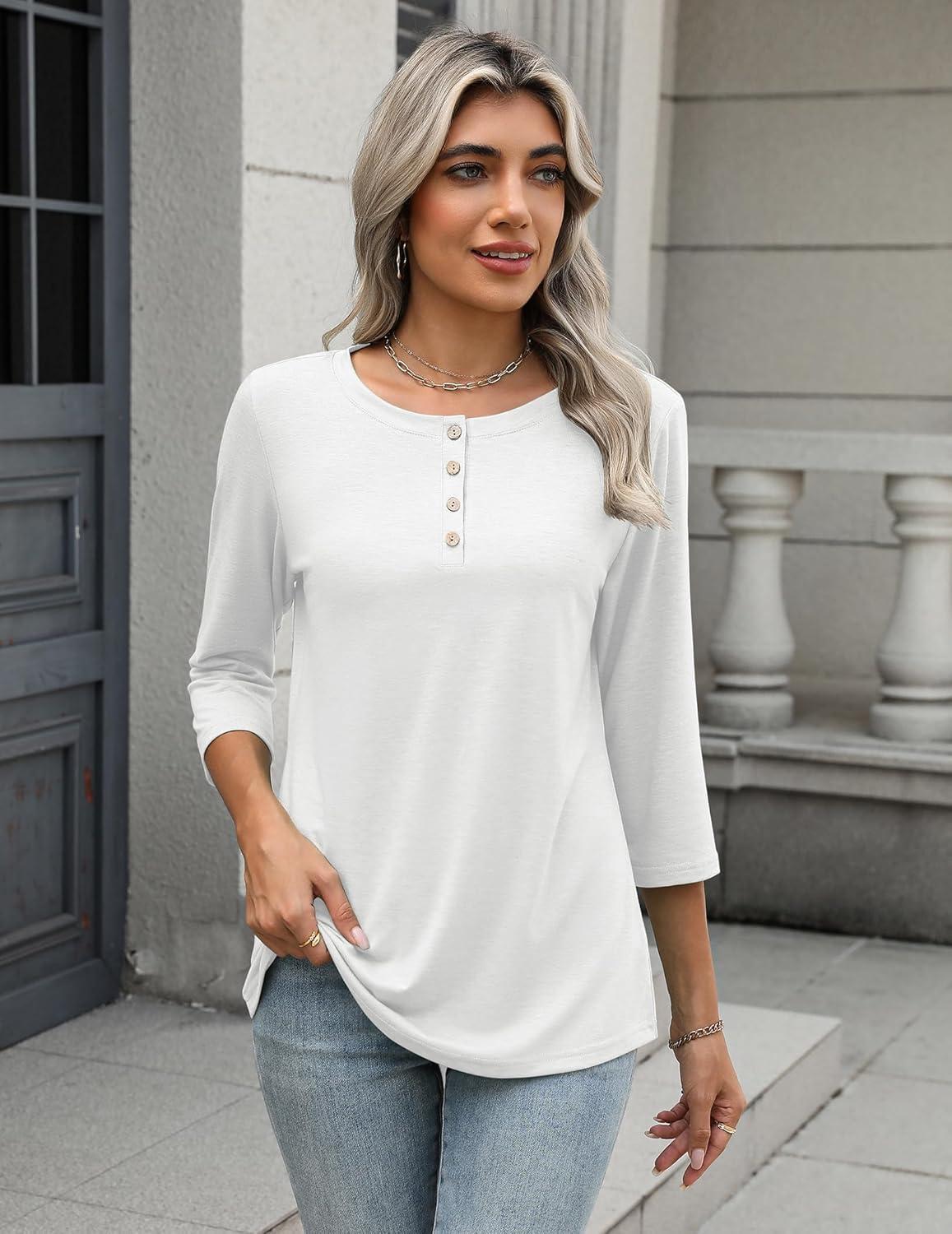 imageZeagoo 34 Length Sleeve Women Tops Crew Neck Blouses Dressy Casual Summer T Shirts Loose Fit Business Work ClothesWhite