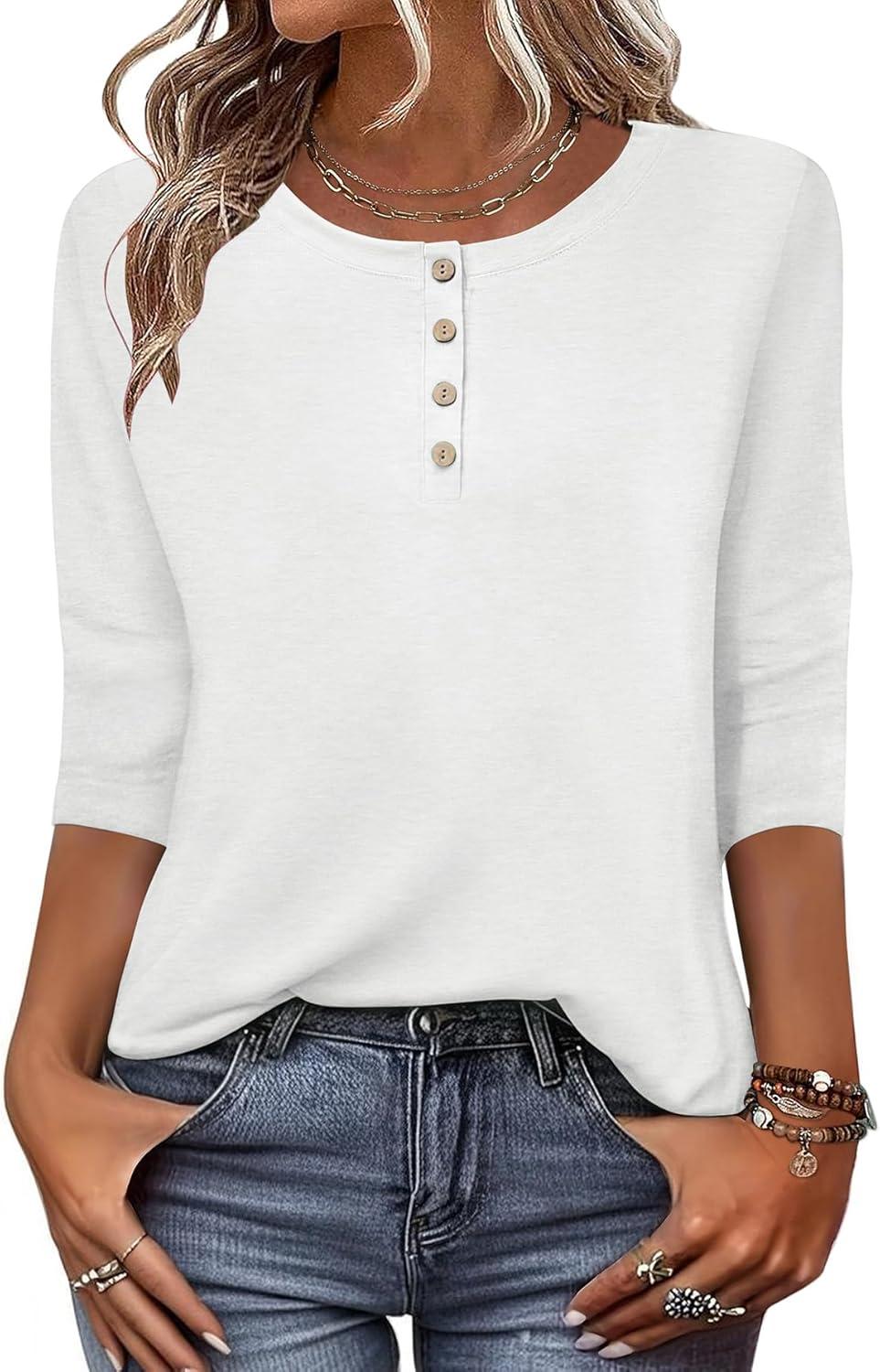 imageZeagoo 34 Length Sleeve Women Tops Crew Neck Blouses Dressy Casual Summer T Shirts Loose Fit Business Work ClothesWhite
