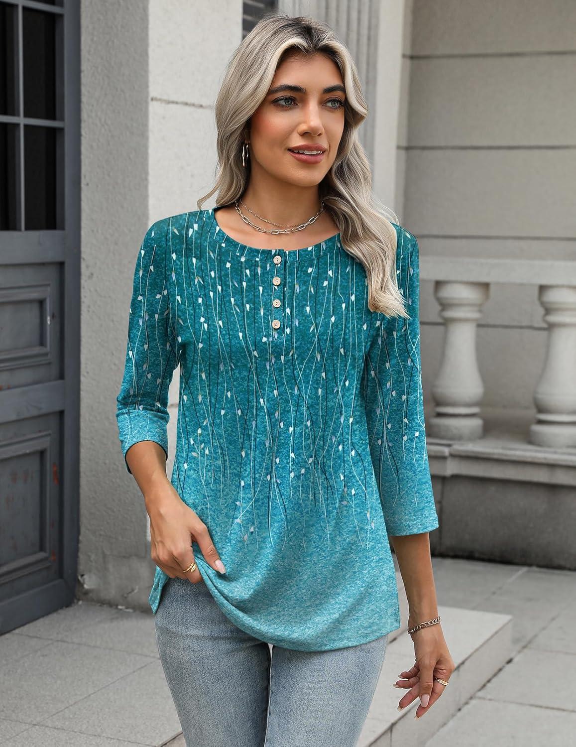 imageZeagoo 34 Length Sleeve Women Tops Crew Neck Blouses Dressy Casual Summer T Shirts Loose Fit Business Work ClothesXh363green