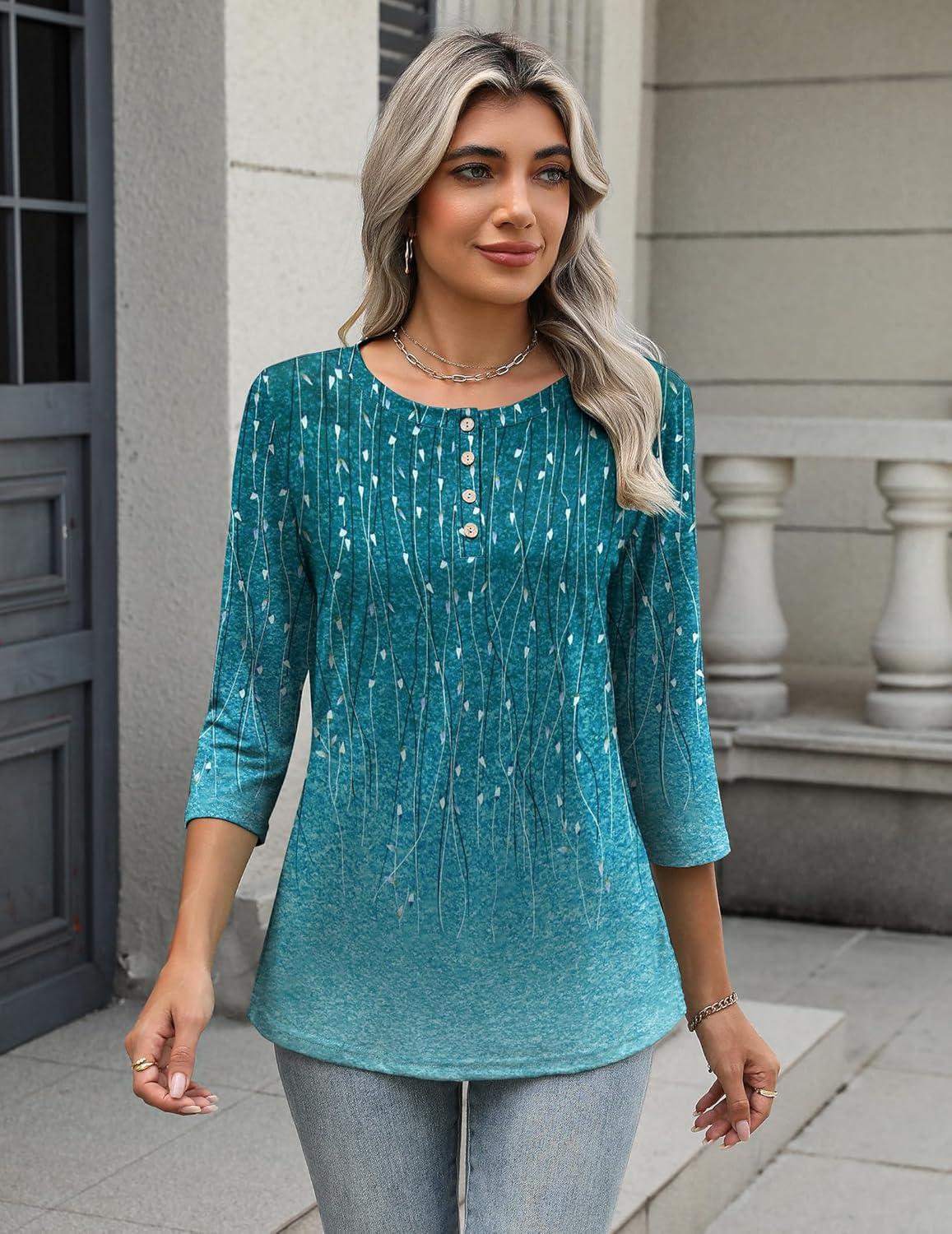 imageZeagoo 34 Length Sleeve Women Tops Crew Neck Blouses Dressy Casual Summer T Shirts Loose Fit Business Work ClothesXh363green