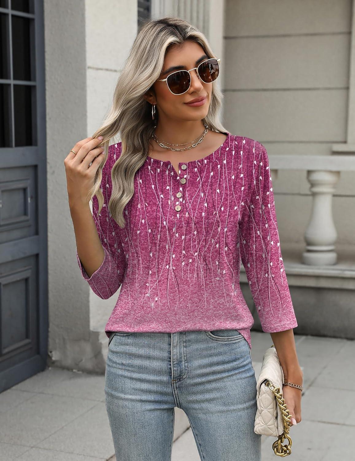 imageZeagoo 34 Length Sleeve Women Tops Crew Neck Blouses Dressy Casual Summer T Shirts Loose Fit Business Work ClothesXh370purple