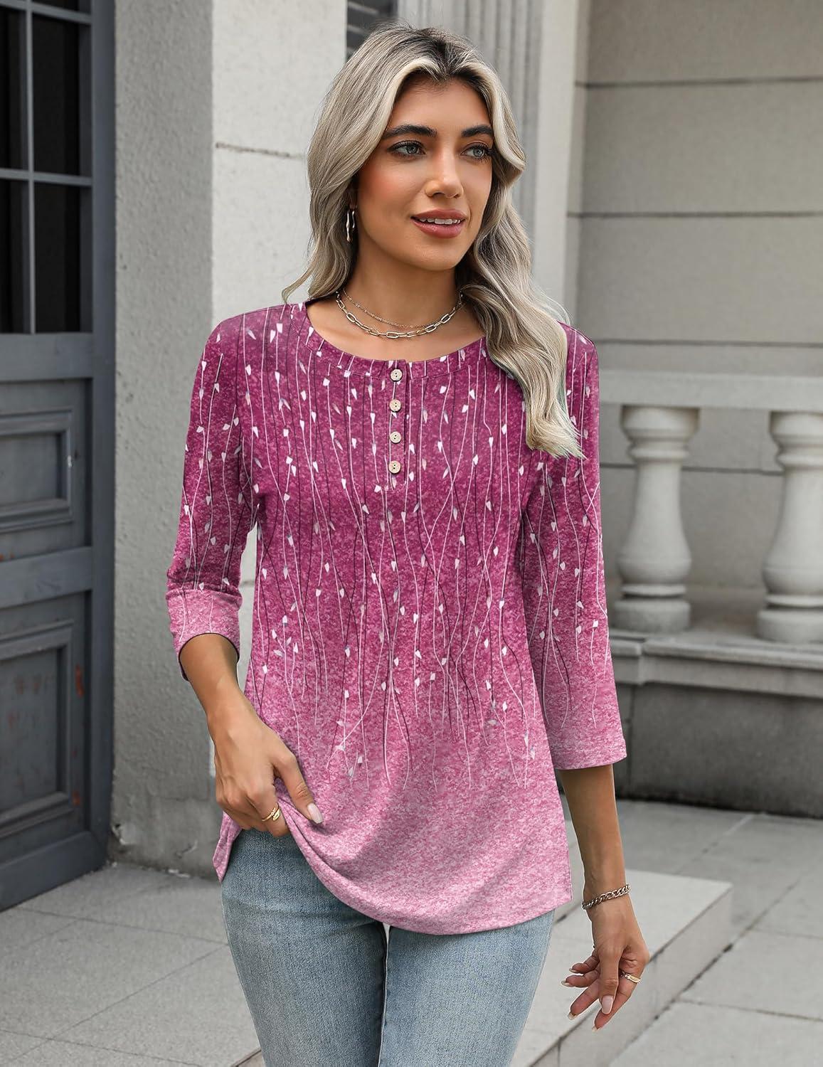 imageZeagoo 34 Length Sleeve Women Tops Crew Neck Blouses Dressy Casual Summer T Shirts Loose Fit Business Work ClothesXh370purple