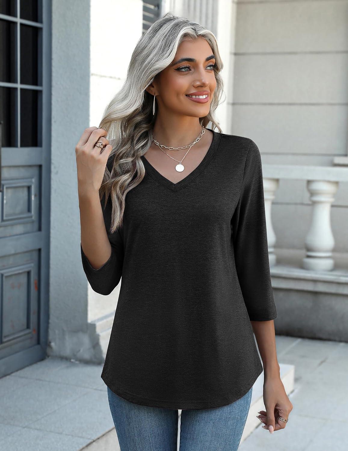 imageZeagoo Womens 34 Length Sleeve Tunic Tops Casual V Neck Shirts Basic Tees Business Work Blouses Summer Fall 2025 ClothesBlack