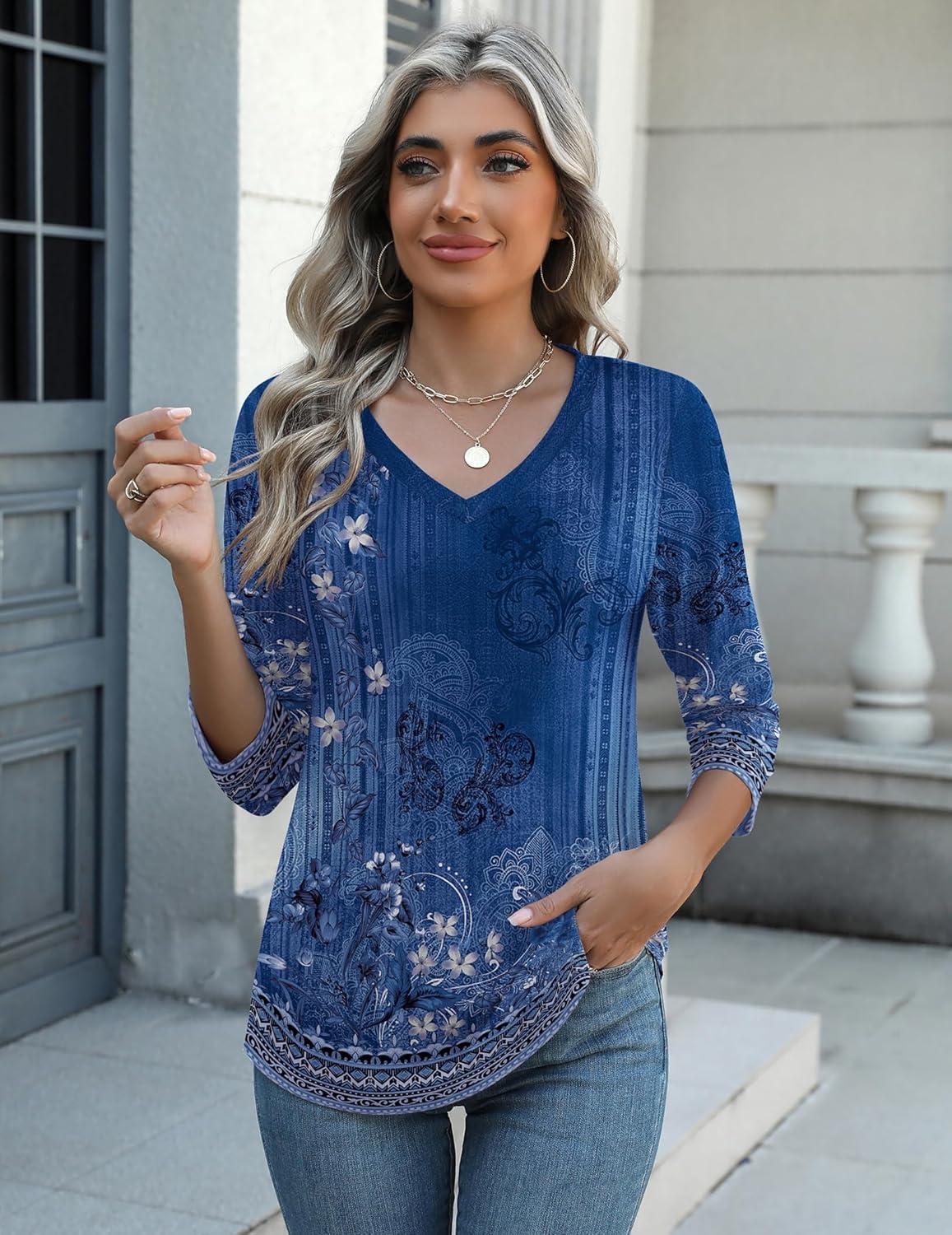imageZeagoo Womens 34 Length Sleeve Tunic Tops Casual V Neck Shirts Basic Tees Business Work Blouses Summer Fall 2025 ClothesBlue Flowermz712