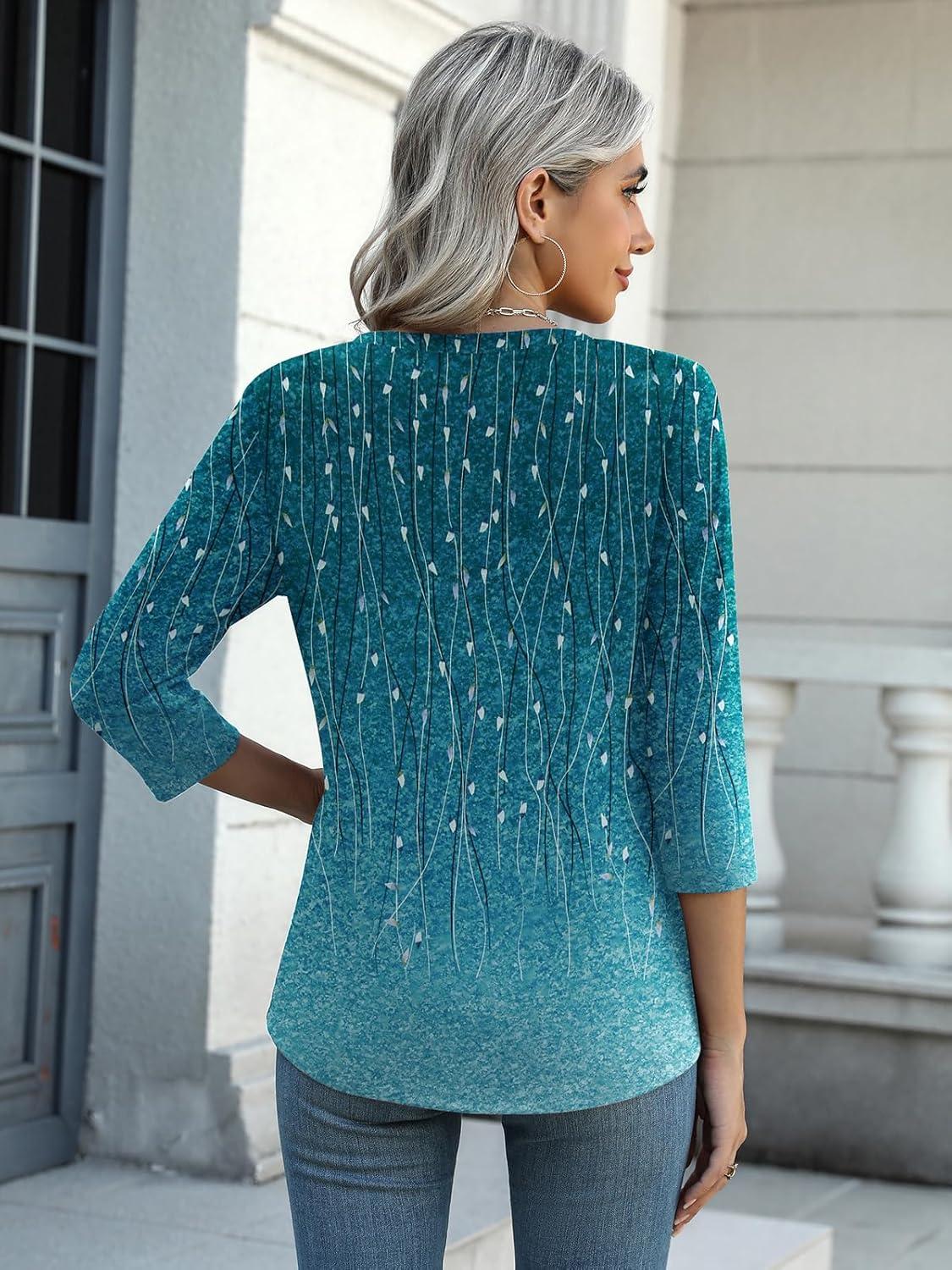 imageZeagoo Womens 34 Length Sleeve Tunic Tops Casual V Neck Shirts Basic Tees Business Work Blouses Summer Fall 2025 ClothesBlue Leavesxh363