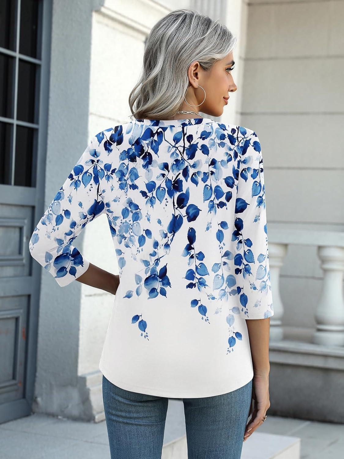 imageZeagoo Womens 34 Length Sleeve Tunic Tops Casual V Neck Shirts Basic Tees Business Work Blouses Summer Fall 2025 ClothesBlue Leavewf41