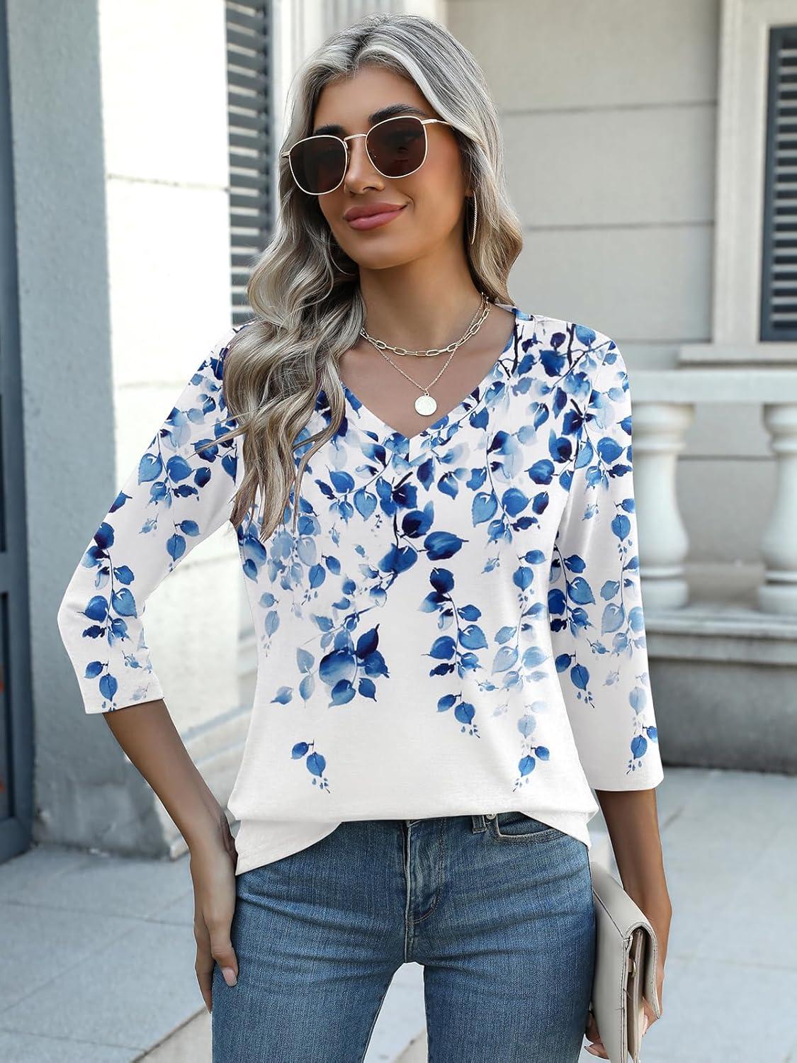 imageZeagoo Womens 34 Length Sleeve Tunic Tops Casual V Neck Shirts Basic Tees Business Work Blouses Summer Fall 2025 ClothesBlue Leavewf41