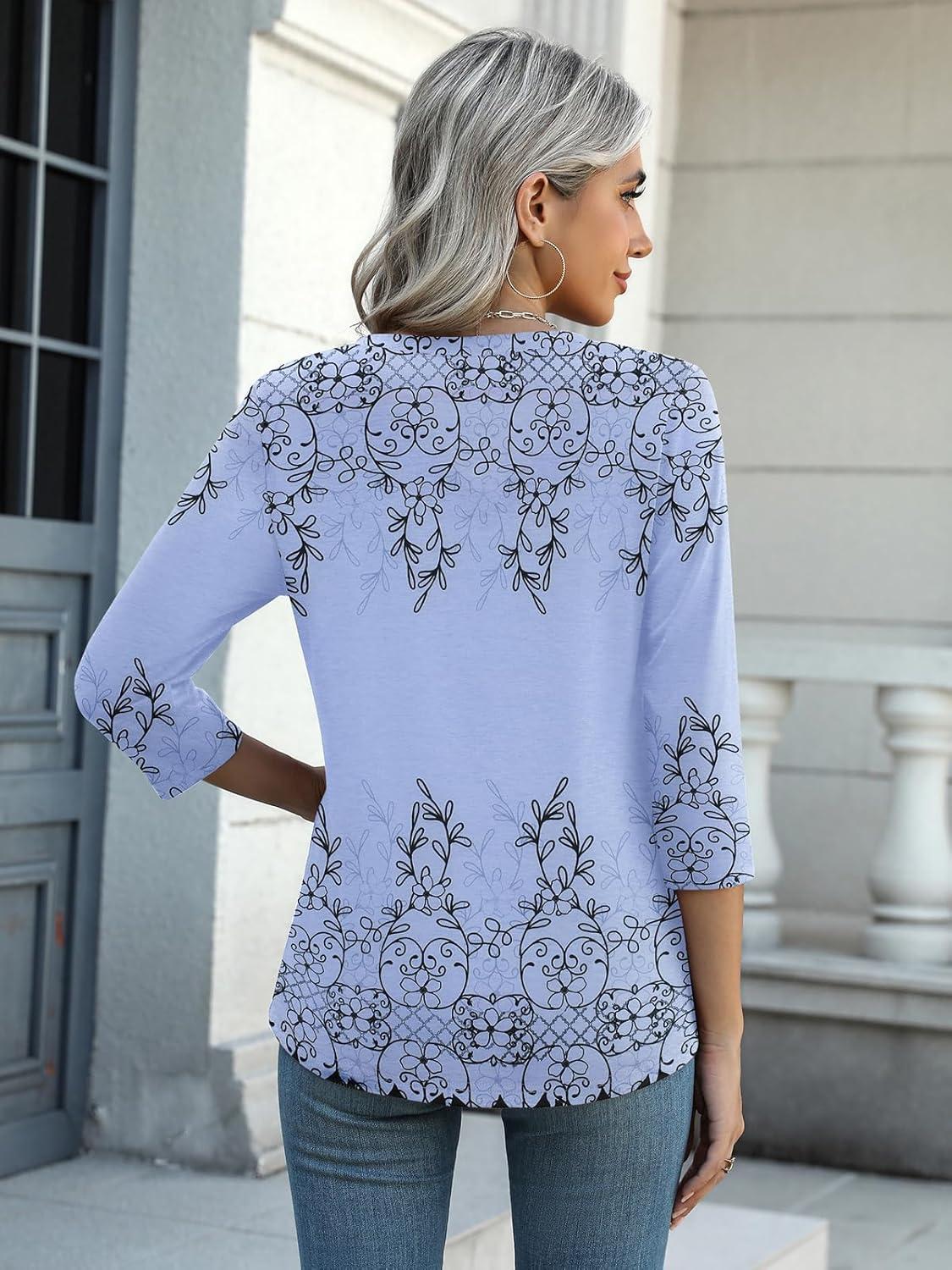 imageZeagoo Womens 34 Length Sleeve Tunic Tops Casual V Neck Shirts Basic Tees Business Work Blouses Summer Fall 2025 ClothesBlue Printedsf166