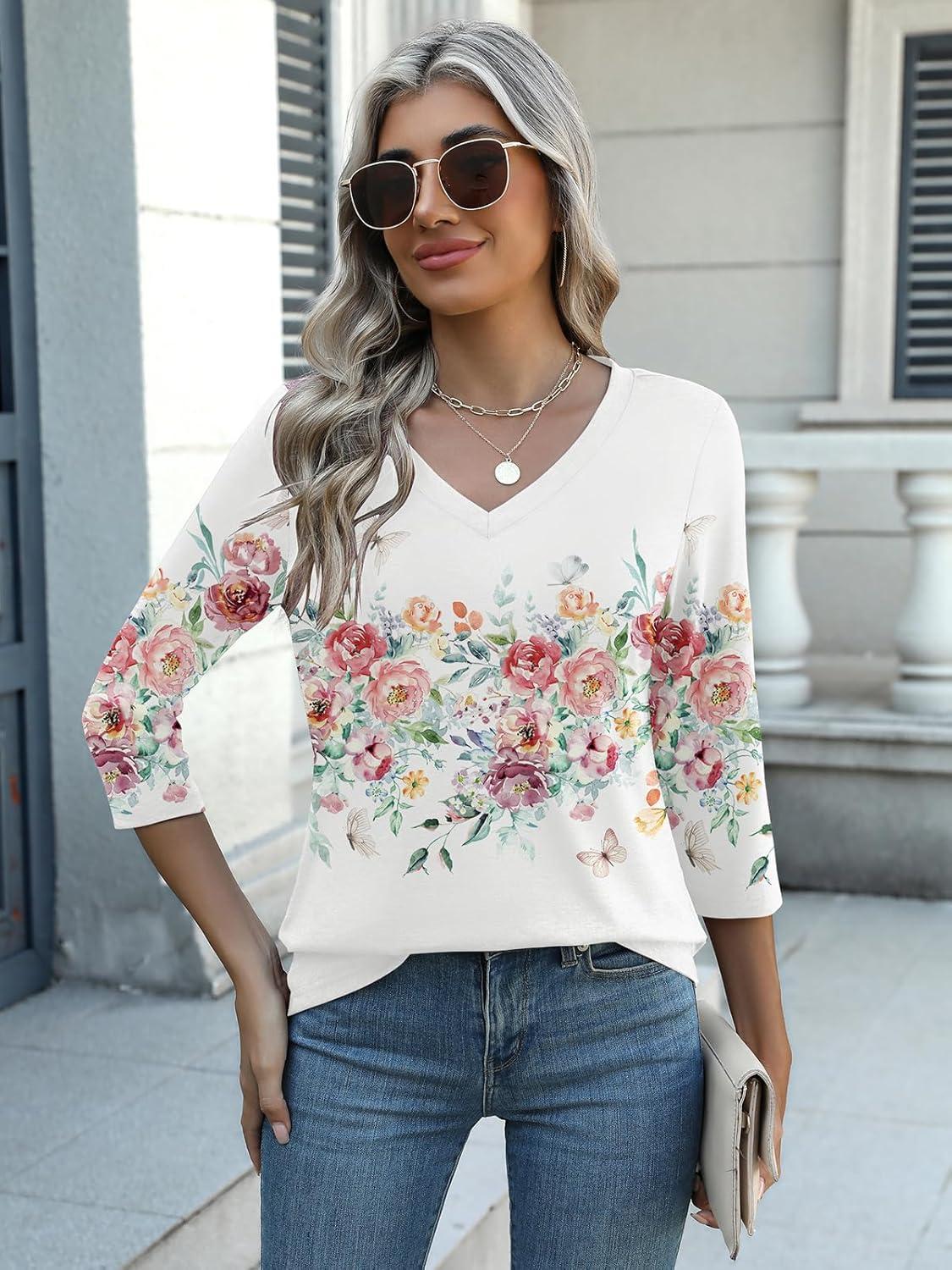 imageZeagoo Womens 34 Length Sleeve Tunic Tops Casual V Neck Shirts Basic Tees Business Work Blouses Summer Fall 2025 ClothesColorful Flowerwf67