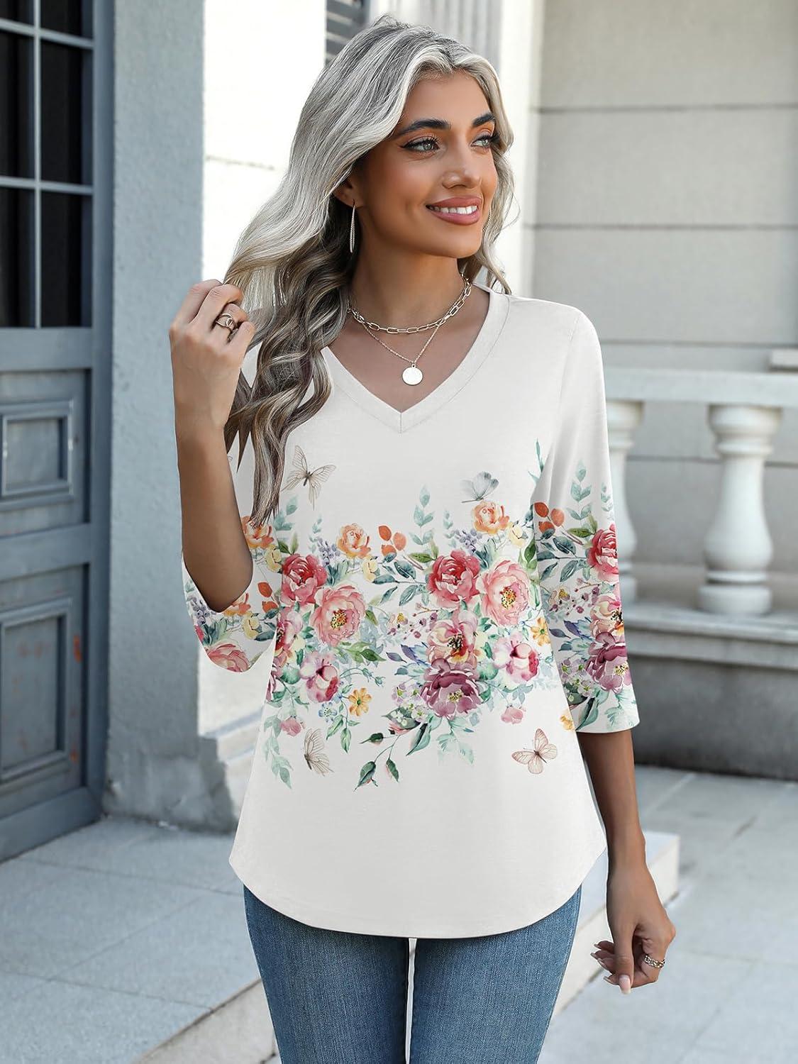 imageZeagoo Womens 34 Length Sleeve Tunic Tops Casual V Neck Shirts Basic Tees Business Work Blouses Summer Fall 2025 ClothesColorful Flowerwf67