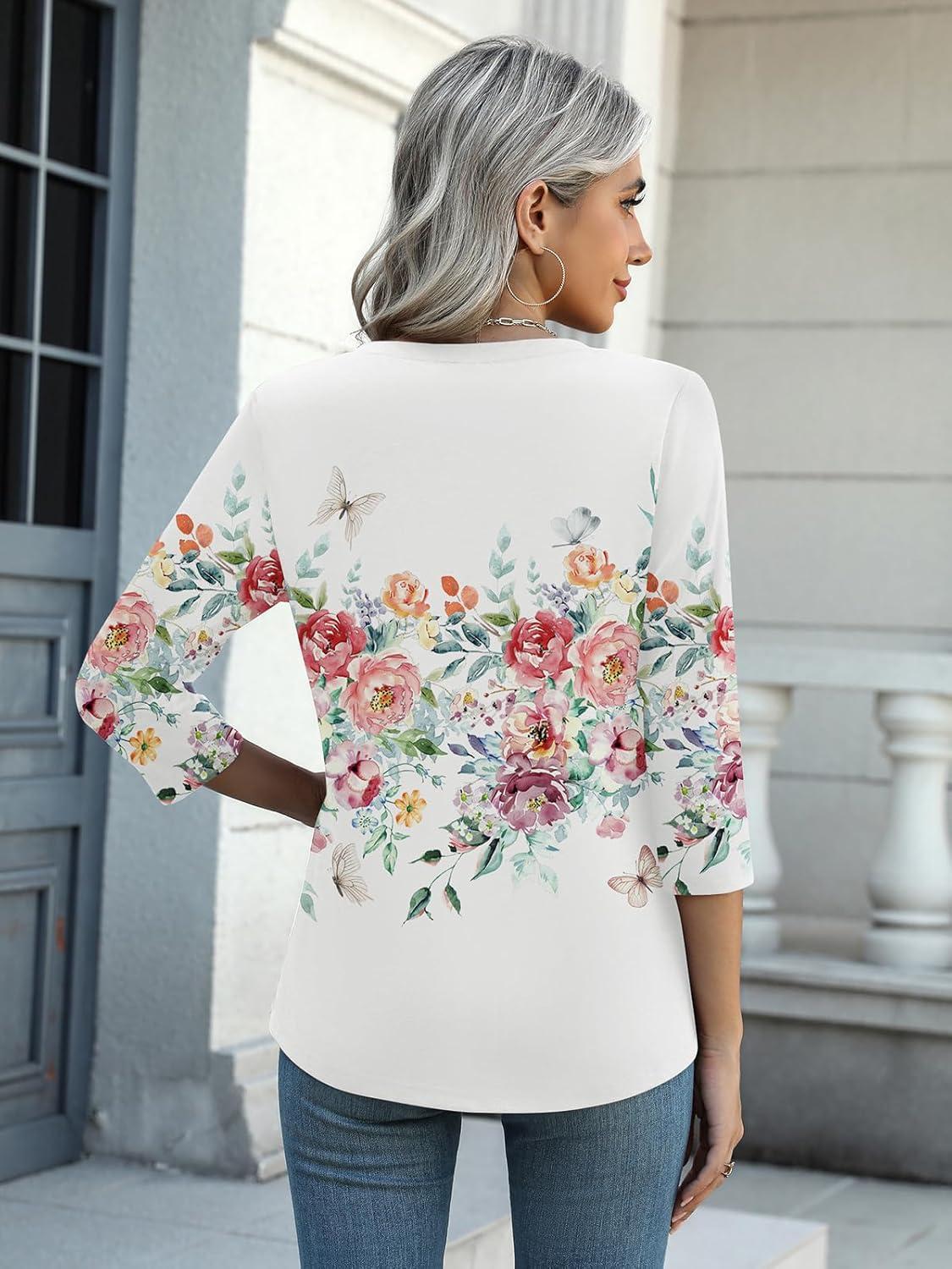 imageZeagoo Womens 34 Length Sleeve Tunic Tops Casual V Neck Shirts Basic Tees Business Work Blouses Summer Fall 2025 ClothesColorful Flowerwf67