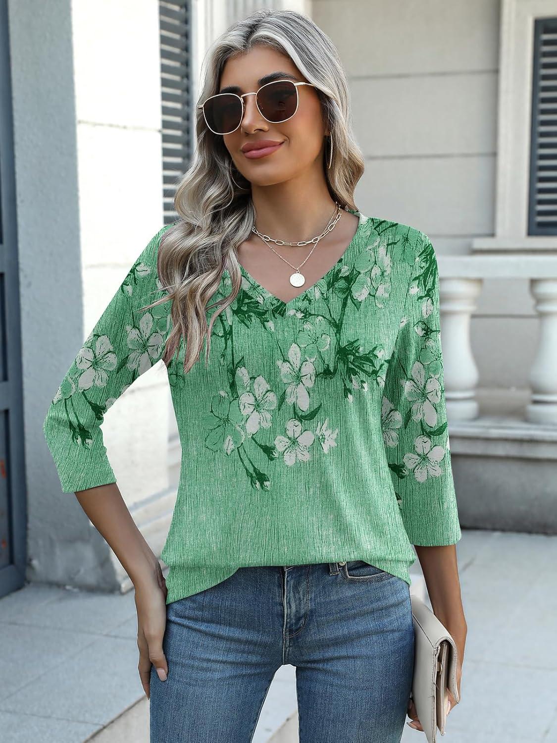 imageZeagoo Womens 34 Length Sleeve Tunic Tops Casual V Neck Shirts Basic Tees Business Work Blouses Summer Fall 2025 ClothesGreen Flowerbf180