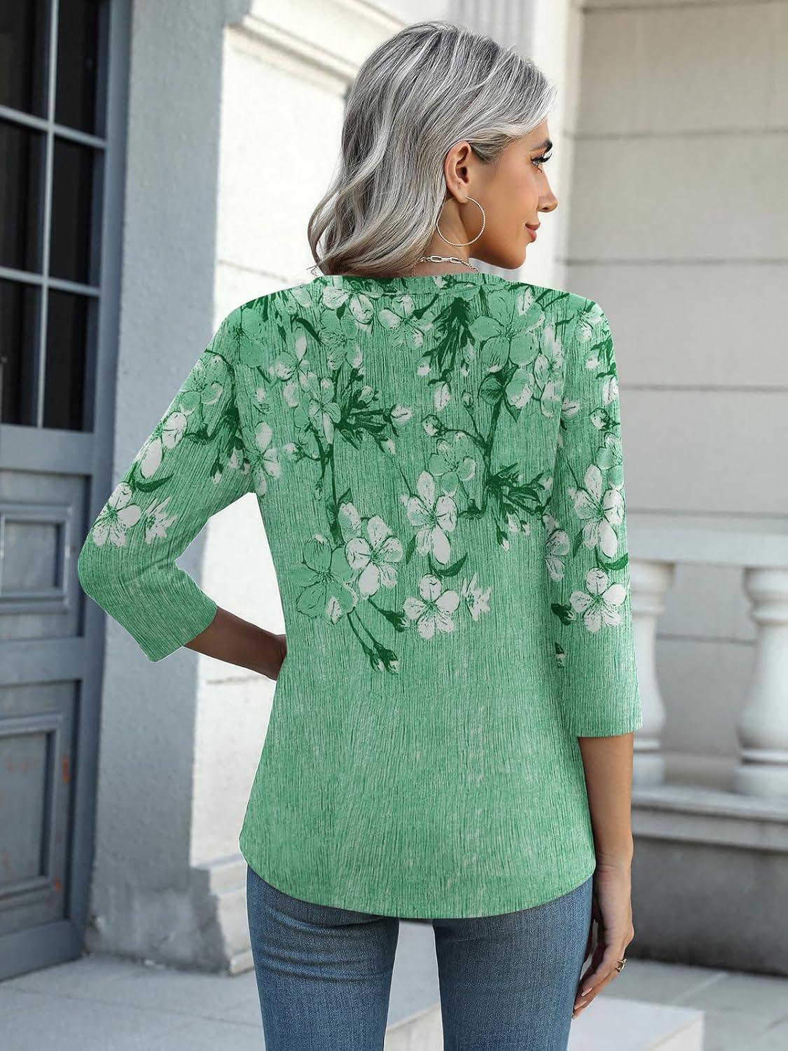 imageZeagoo Womens 34 Length Sleeve Tunic Tops Casual V Neck Shirts Basic Tees Business Work Blouses Summer Fall 2025 ClothesGreen Flowerbf180