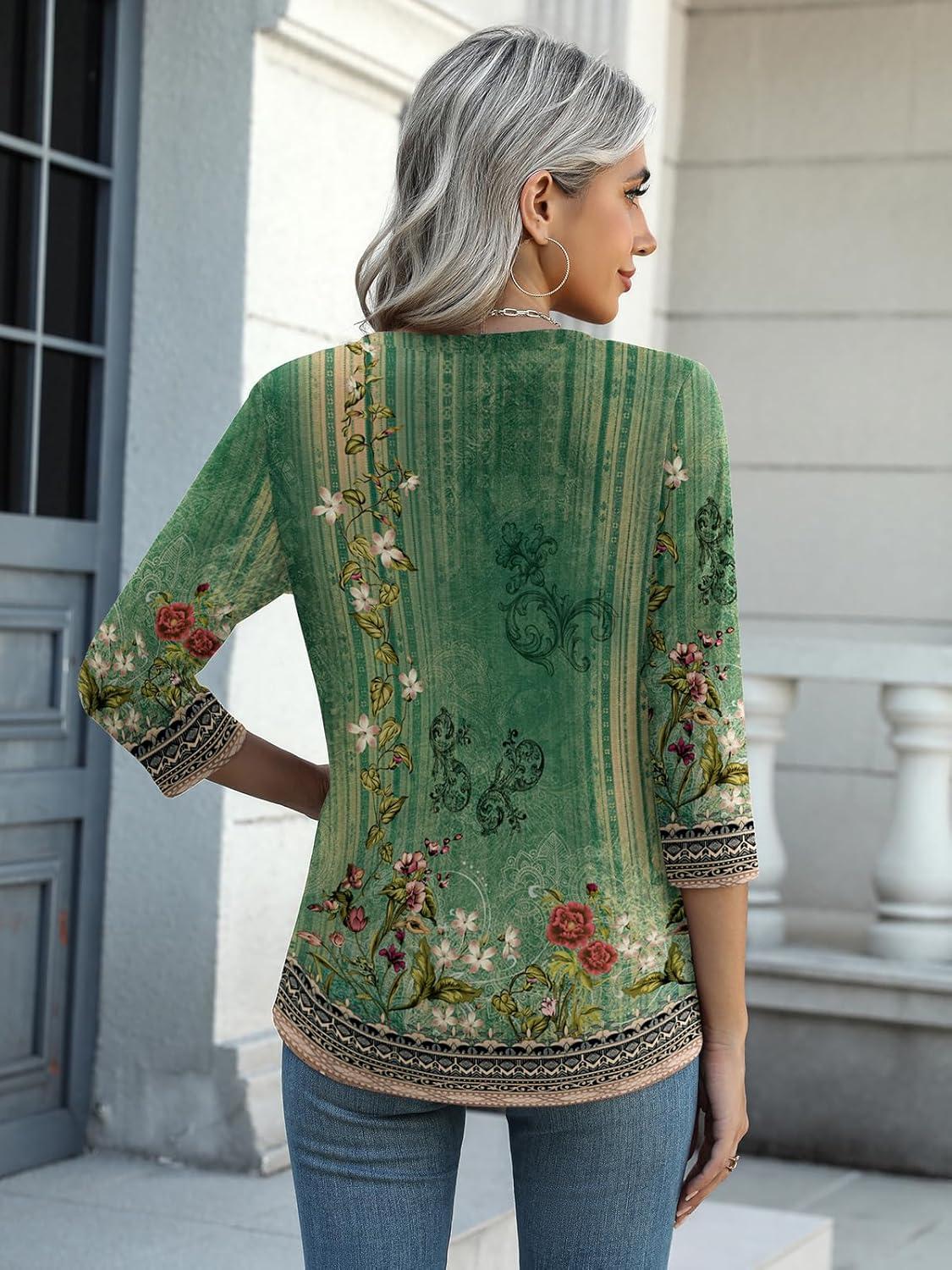 imageZeagoo Womens 34 Length Sleeve Tunic Tops Casual V Neck Shirts Basic Tees Business Work Blouses Summer Fall 2025 ClothesGreen Flowermz808