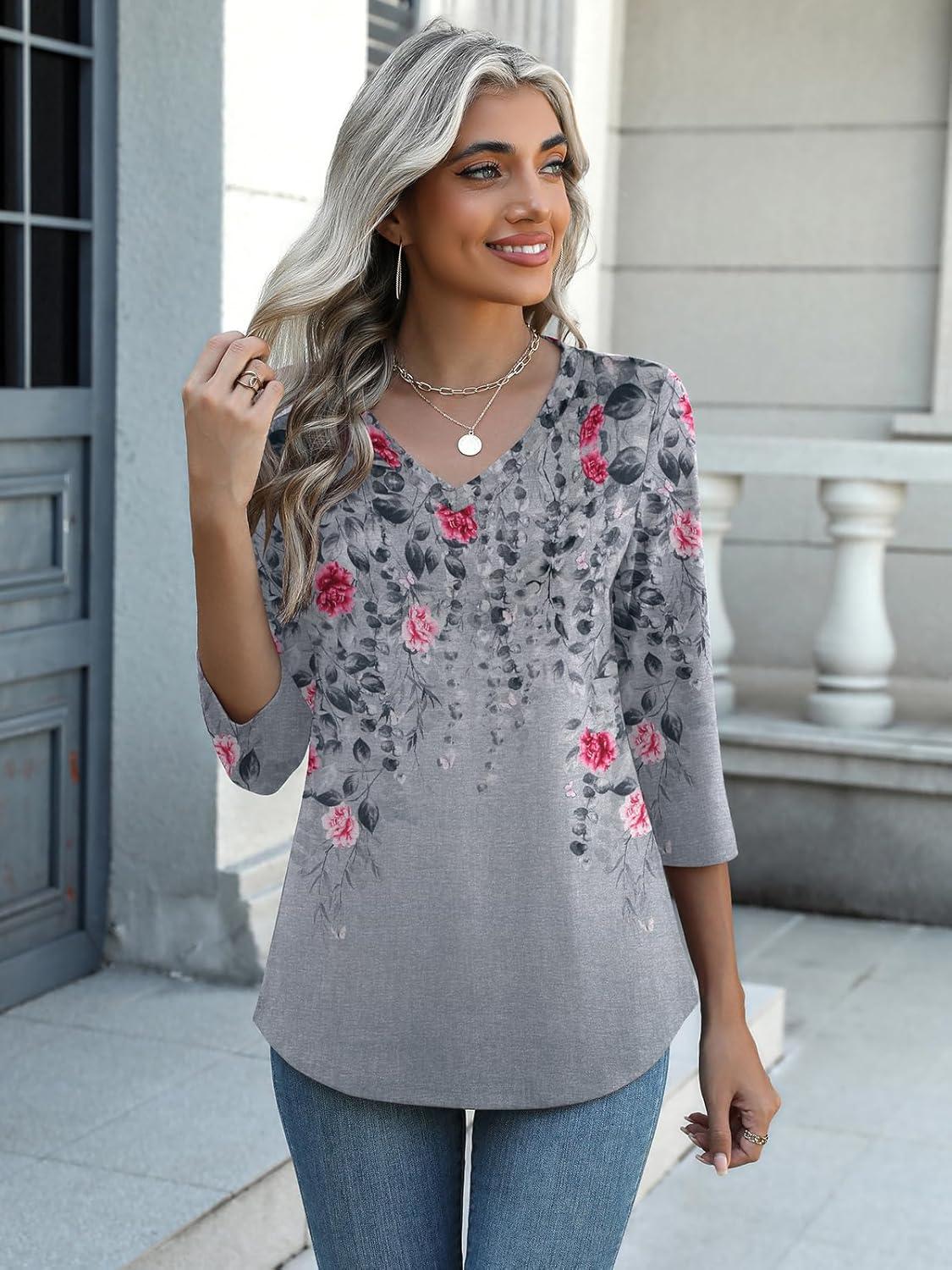 imageZeagoo Womens 34 Length Sleeve Tunic Tops Casual V Neck Shirts Basic Tees Business Work Blouses Summer Fall 2025 ClothesGrey Flowerhf36