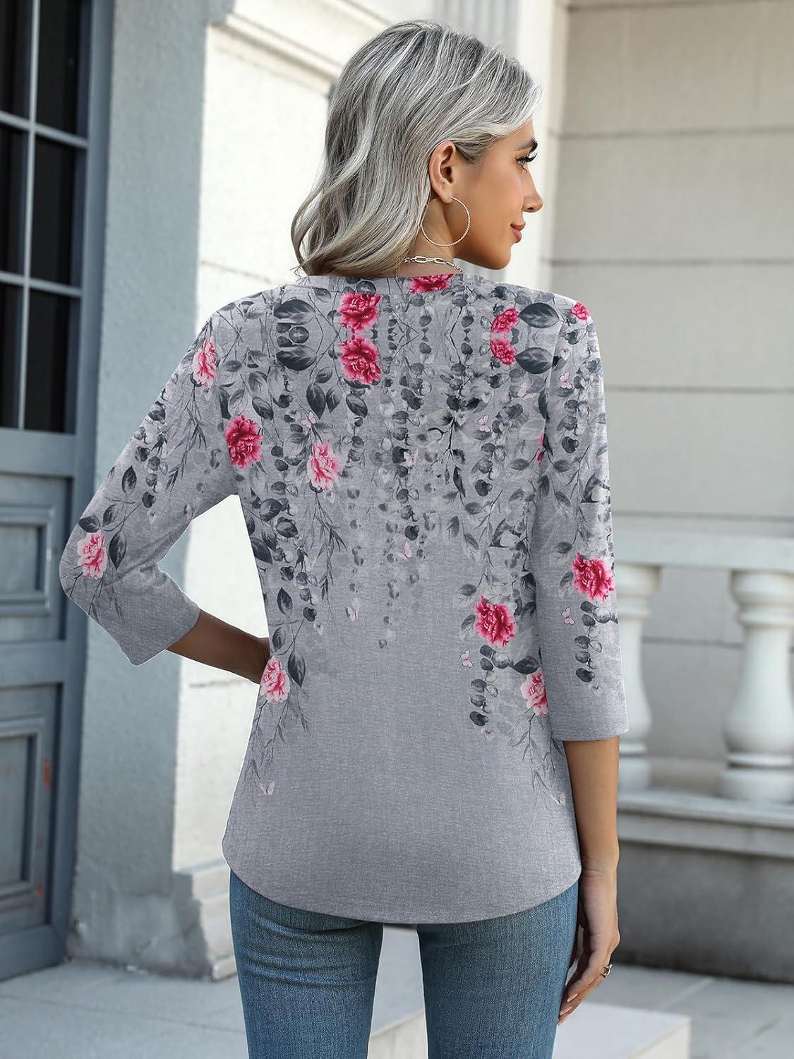 imageZeagoo Womens 34 Length Sleeve Tunic Tops Casual V Neck Shirts Basic Tees Business Work Blouses Summer Fall 2025 ClothesGrey Flowerhf36