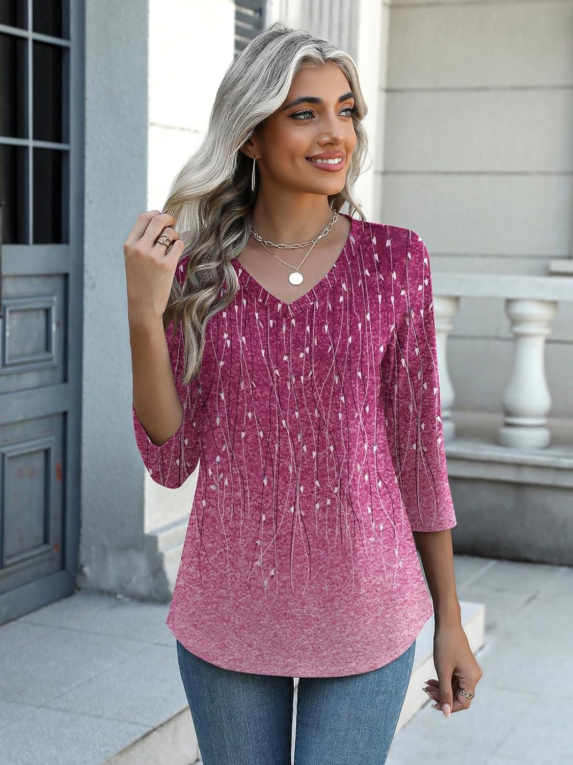 imageZeagoo Womens 34 Length Sleeve Tunic Tops Casual V Neck Shirts Basic Tees Business Work Blouses Summer Fall 2025 ClothesPink Leavesxh370