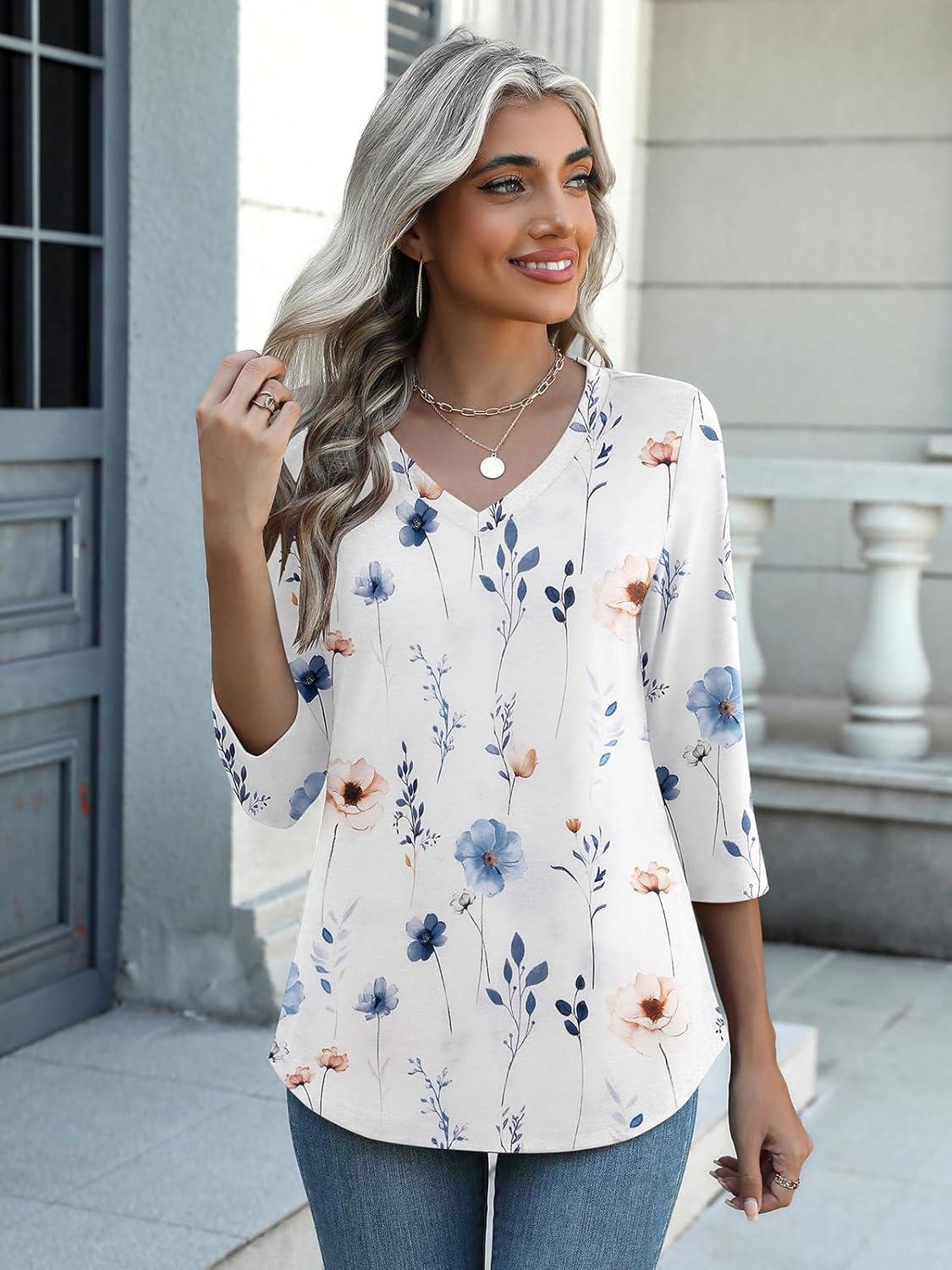 imageZeagoo Womens 34 Length Sleeve Tunic Tops Casual V Neck Shirts Basic Tees Business Work Blouses Summer Fall 2025 ClothesWhite Flowersbf290