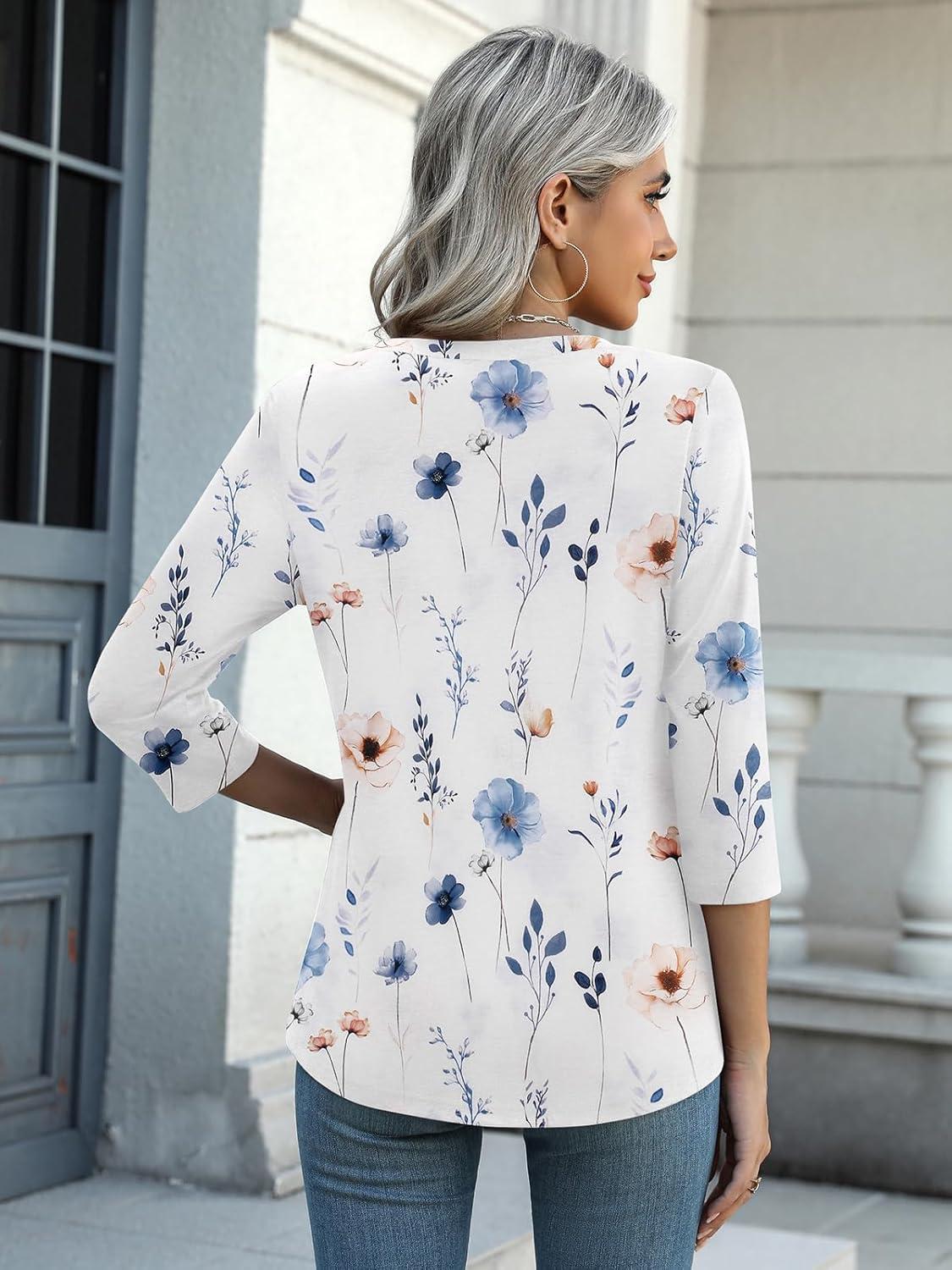 imageZeagoo Womens 34 Length Sleeve Tunic Tops Casual V Neck Shirts Basic Tees Business Work Blouses Summer Fall 2025 ClothesWhite Flowersbf290