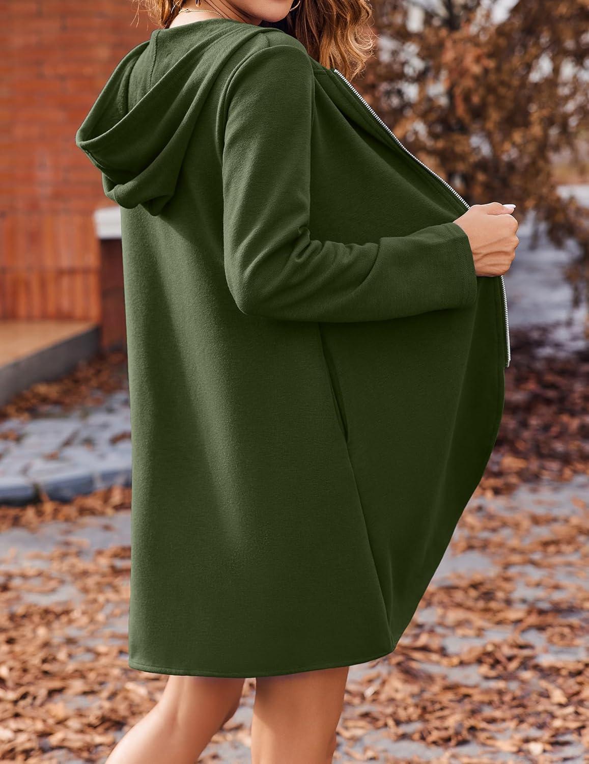 imageZeagoo Womens Long Zip Up Hoodie Lightweight Oversized Tunic Sweatshirt Open Front Cardigan Jacket with PocketsAfleece Fabricarmy Green