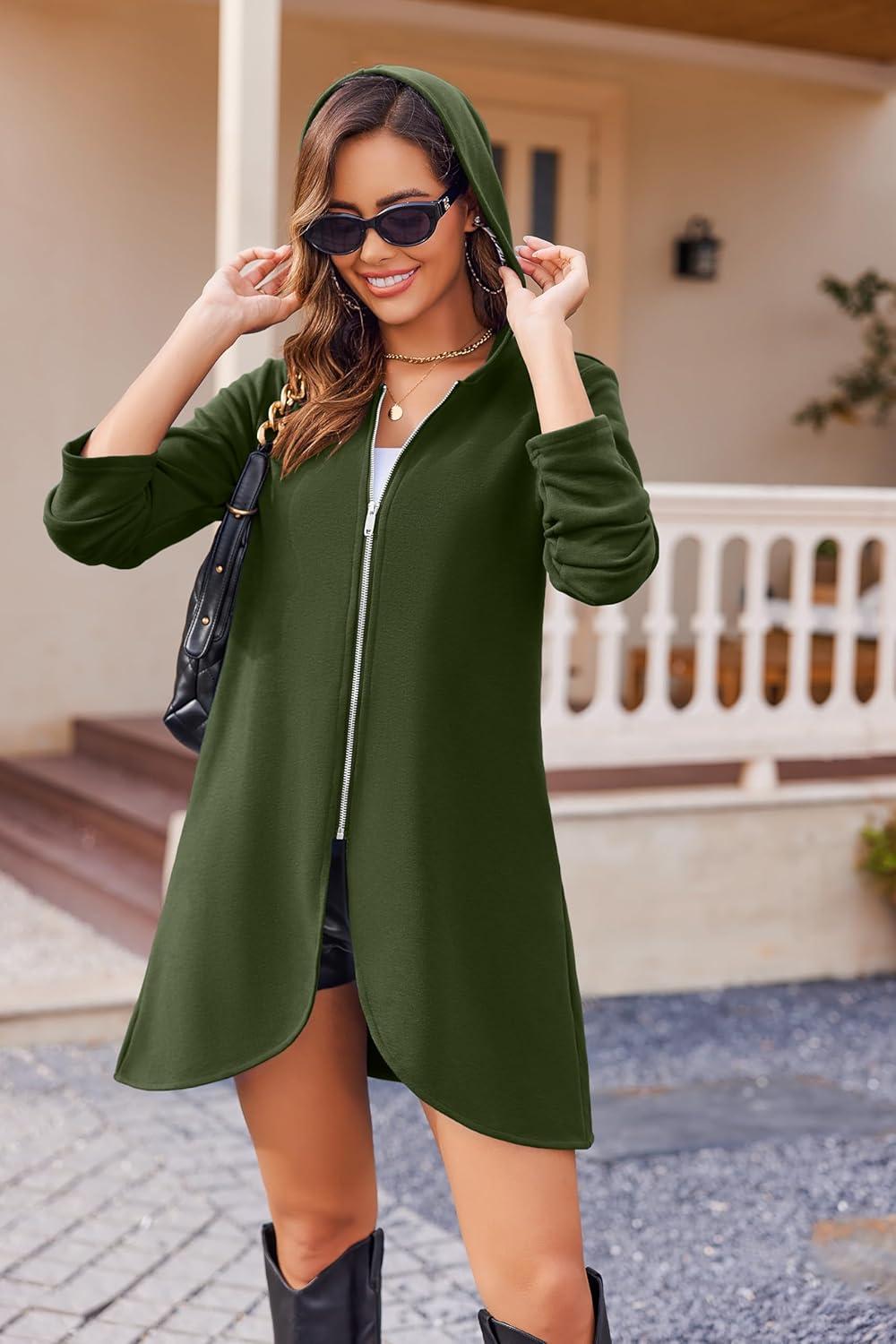 imageZeagoo Womens Long Zip Up Hoodie Lightweight Oversized Tunic Sweatshirt Open Front Cardigan Jacket with PocketsAfleece Fabricarmy Green