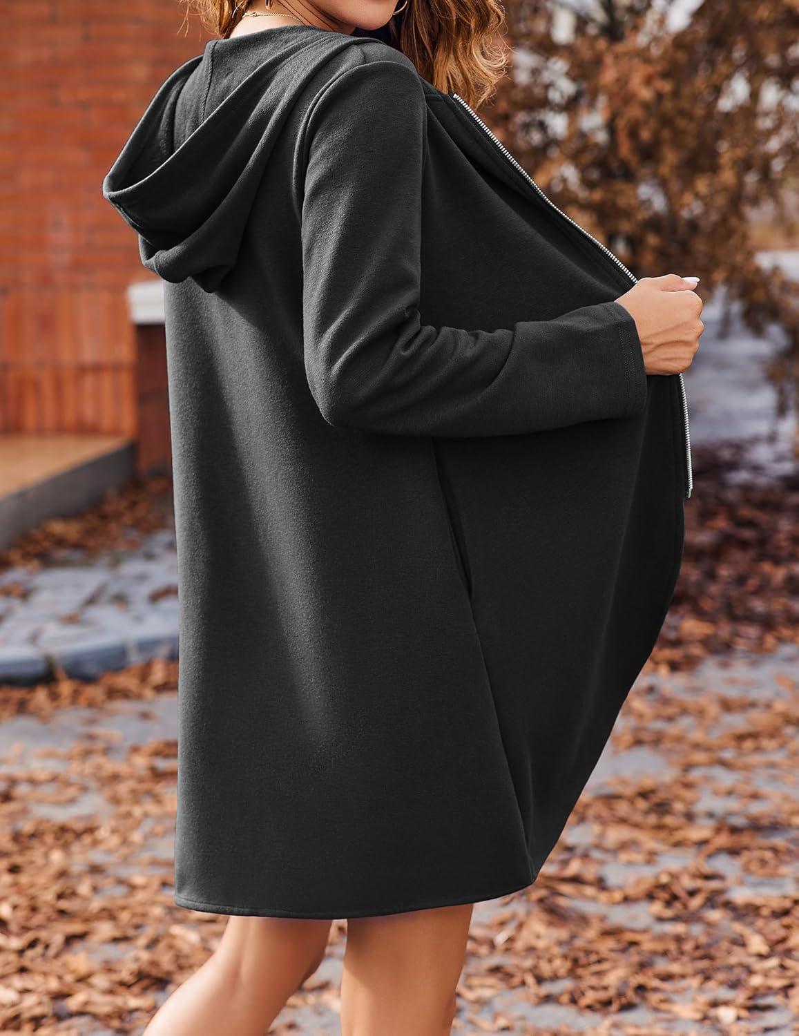 imageZeagoo Womens Long Zip Up Hoodie Lightweight Oversized Tunic Sweatshirt Open Front Cardigan Jacket with PocketsAfleece Fabricblack