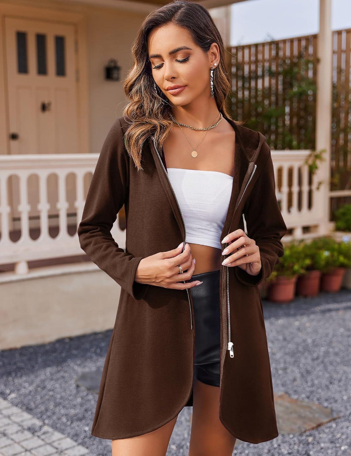 imageZeagoo Womens Long Zip Up Hoodie Lightweight Oversized Tunic Sweatshirt Open Front Cardigan Jacket with PocketsAfleece Fabricbrown