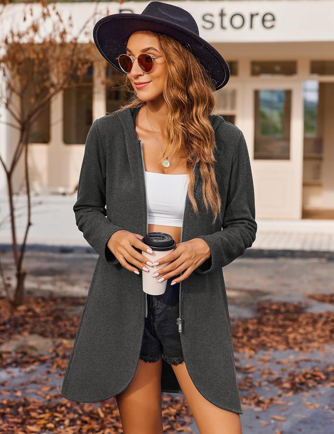 imageZeagoo Womens Long Zip Up Hoodie Lightweight Oversized Tunic Sweatshirt Open Front Cardigan Jacket with PocketsAfleece Fabricdark Gray