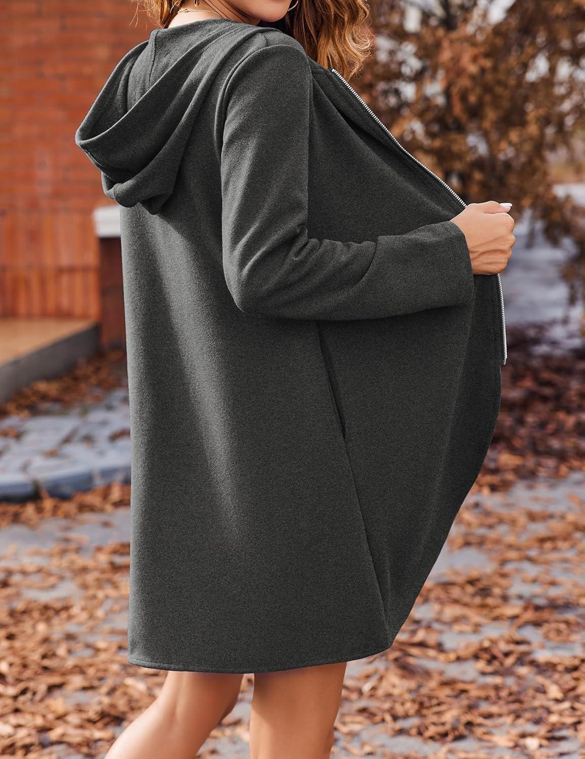 imageZeagoo Womens Long Zip Up Hoodie Lightweight Oversized Tunic Sweatshirt Open Front Cardigan Jacket with PocketsAfleece Fabricdark Gray