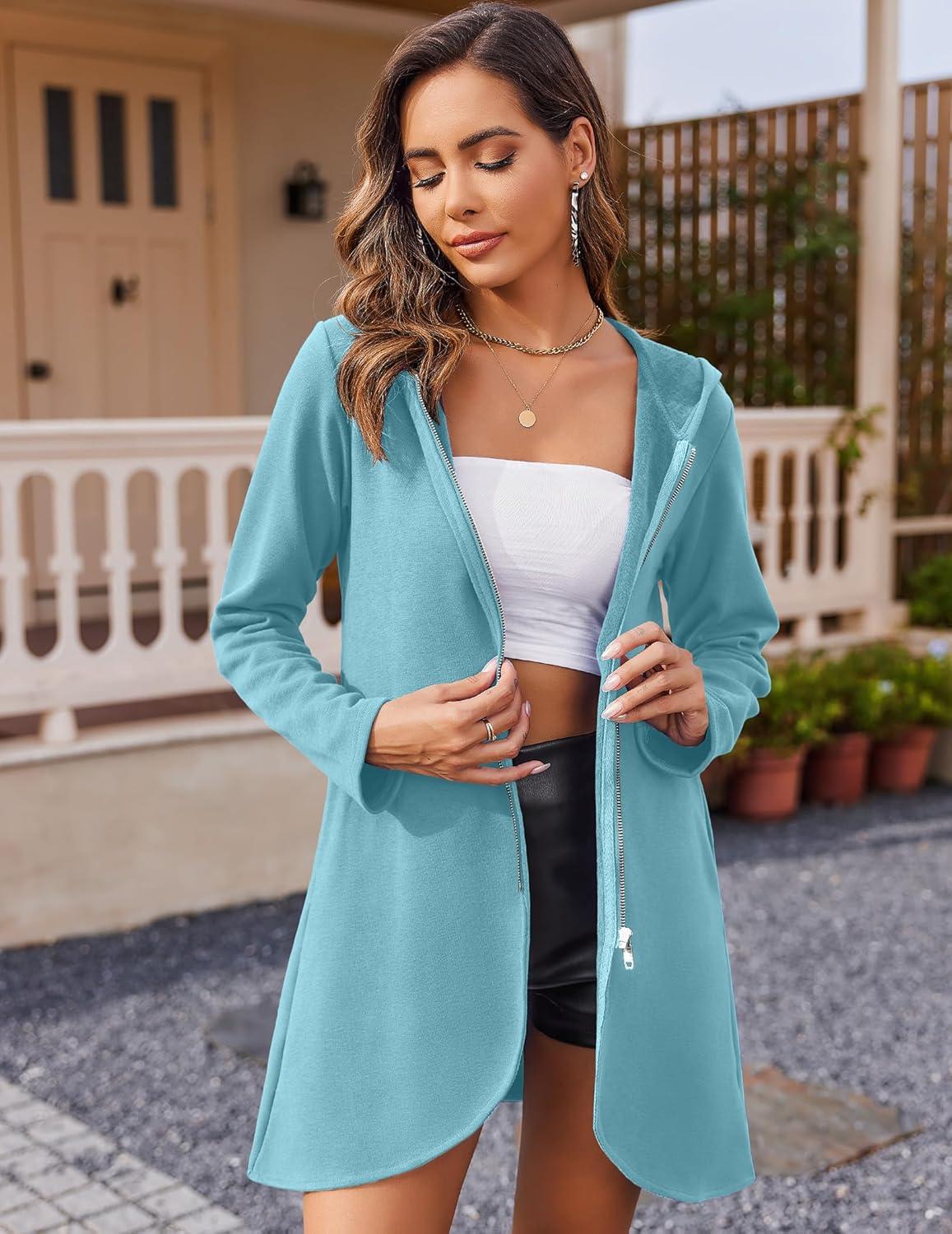 imageZeagoo Womens Long Zip Up Hoodie Lightweight Oversized Tunic Sweatshirt Open Front Cardigan Jacket with PocketsAfleece Fabriclight Blue