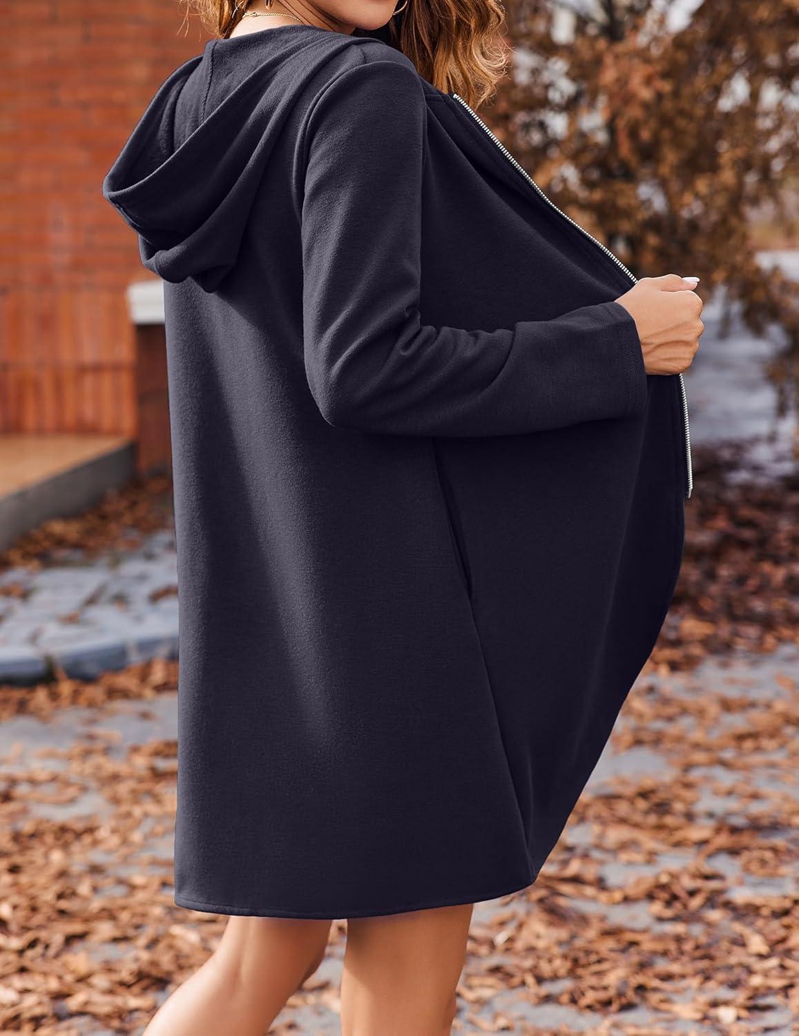 imageZeagoo Womens Long Zip Up Hoodie Lightweight Oversized Tunic Sweatshirt Open Front Cardigan Jacket with PocketsAfleece Fabricnavy Blue