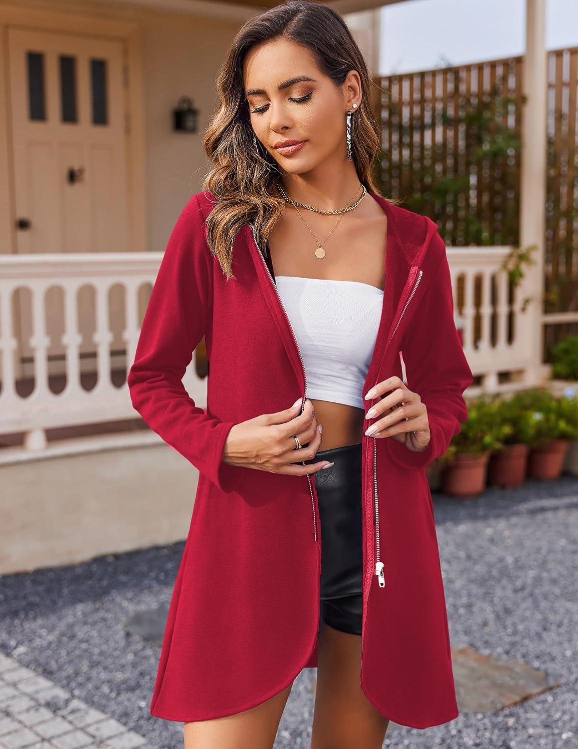 imageZeagoo Womens Long Zip Up Hoodie Lightweight Oversized Tunic Sweatshirt Open Front Cardigan Jacket with PocketsAfleece Fabricred