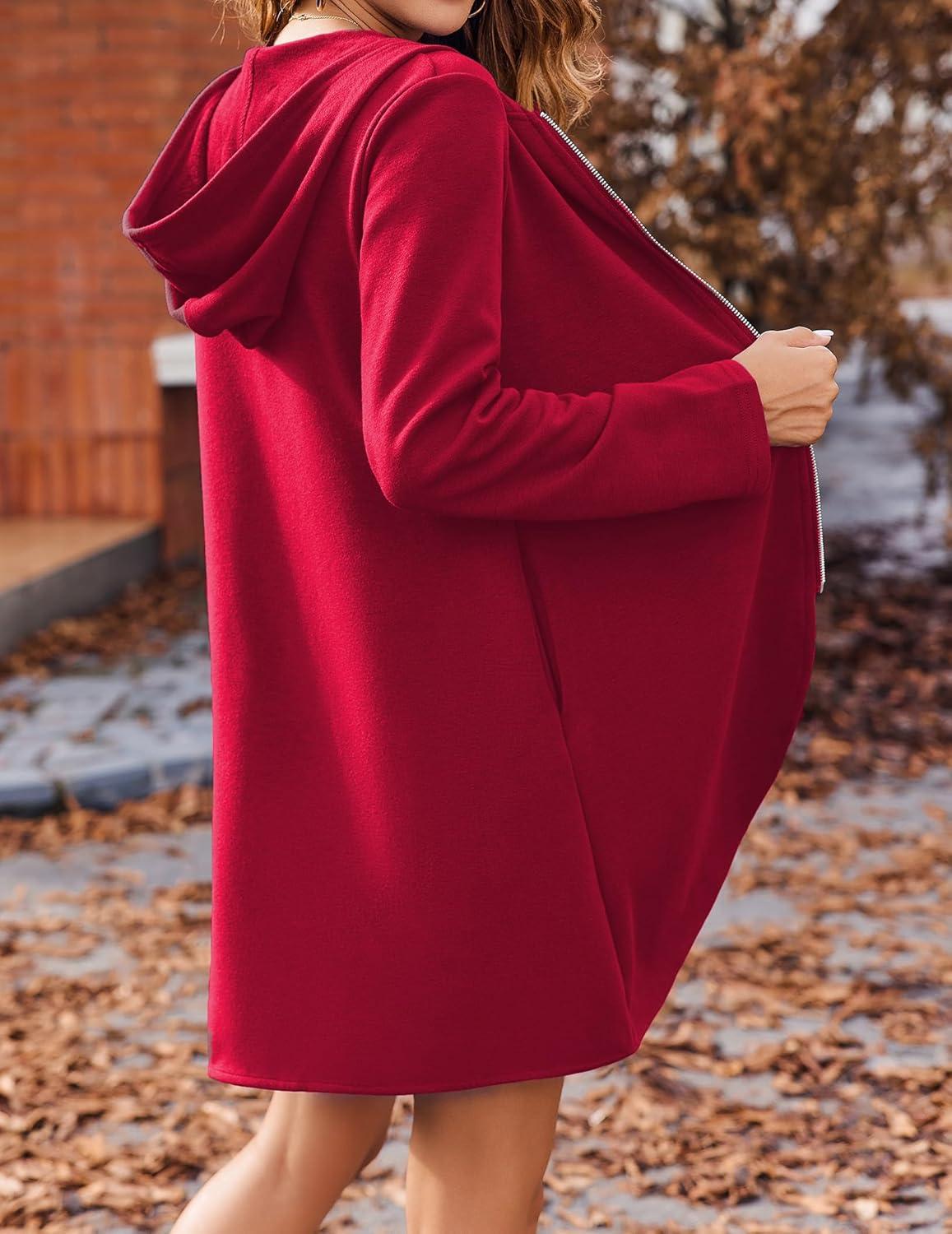 imageZeagoo Womens Long Zip Up Hoodie Lightweight Oversized Tunic Sweatshirt Open Front Cardigan Jacket with PocketsAfleece Fabricred