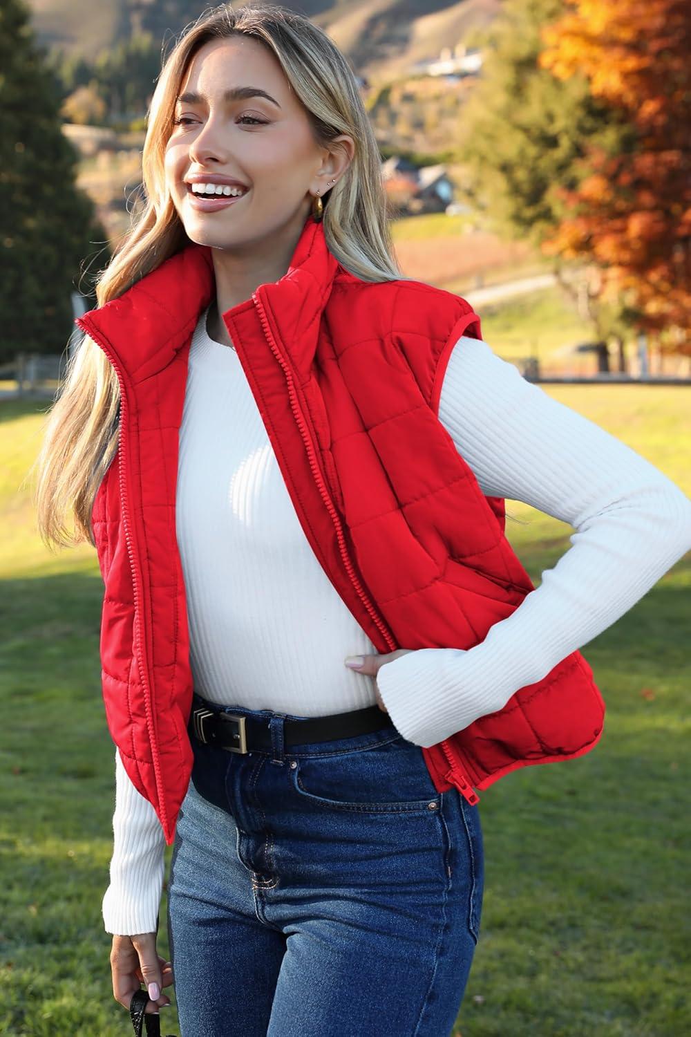 imageZeagoo Womens Puffer Vest Ladies Sleeveless Zip Up Outerwear Warm Puffer Lightweight Down all Winter Jackets Coats 2024Red