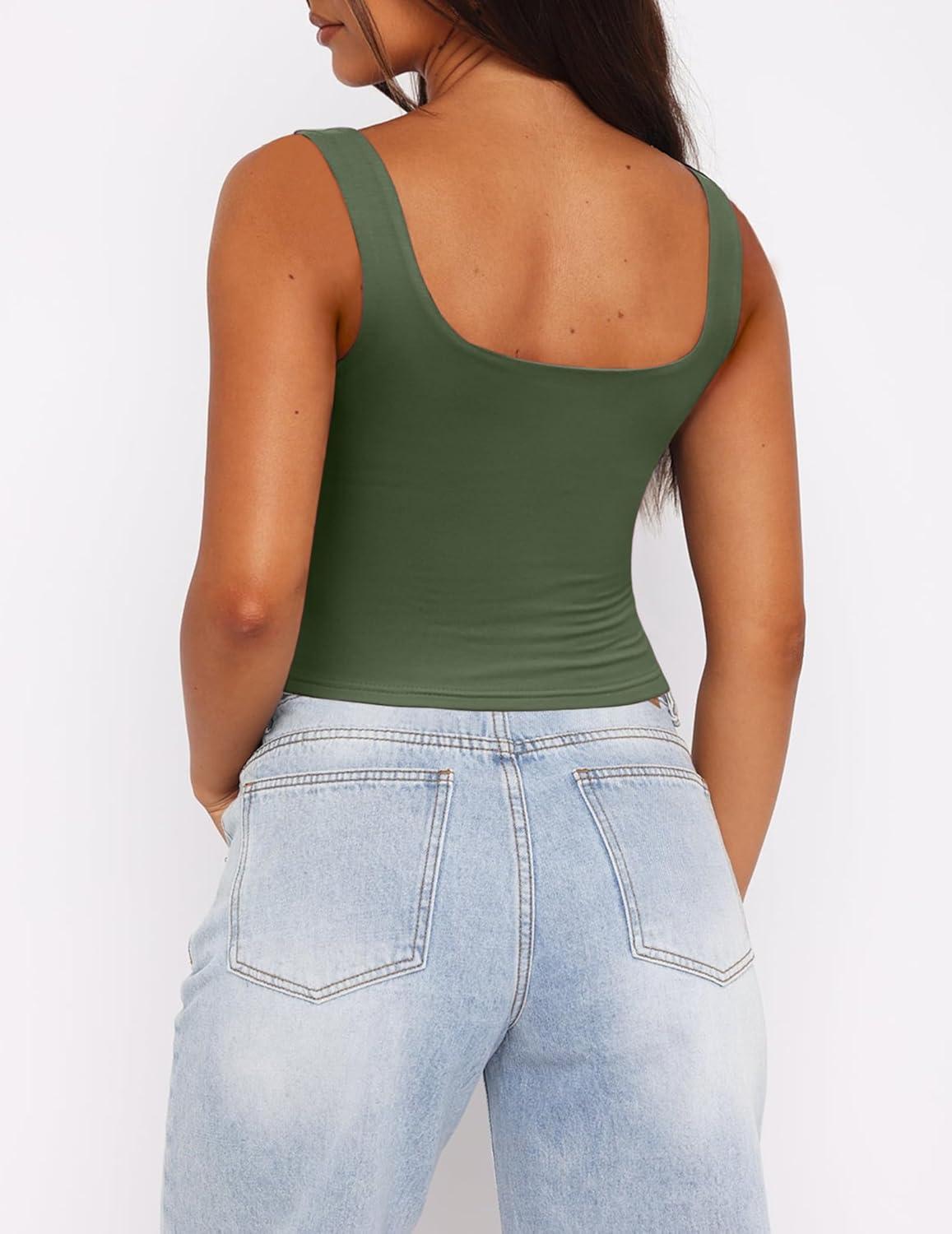 imageZeagoo Womens Square Neck Sleeveless Crop Tops 2025 Cute Double Layer Seamless Slim Fit Y2k Tank TopsArmy Green