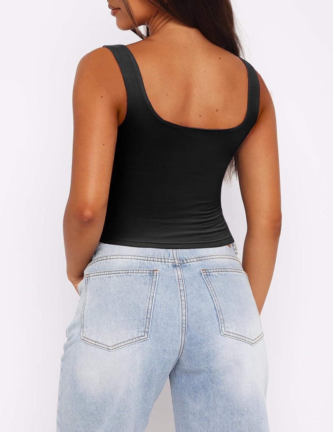 imageZeagoo Womens Square Neck Sleeveless Crop Tops 2025 Cute Double Layer Seamless Slim Fit Y2k Tank TopsBlack