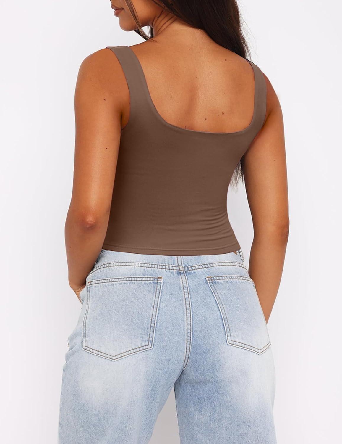 imageZeagoo Womens Square Neck Sleeveless Crop Tops 2025 Cute Double Layer Seamless Slim Fit Y2k Tank TopsBrown