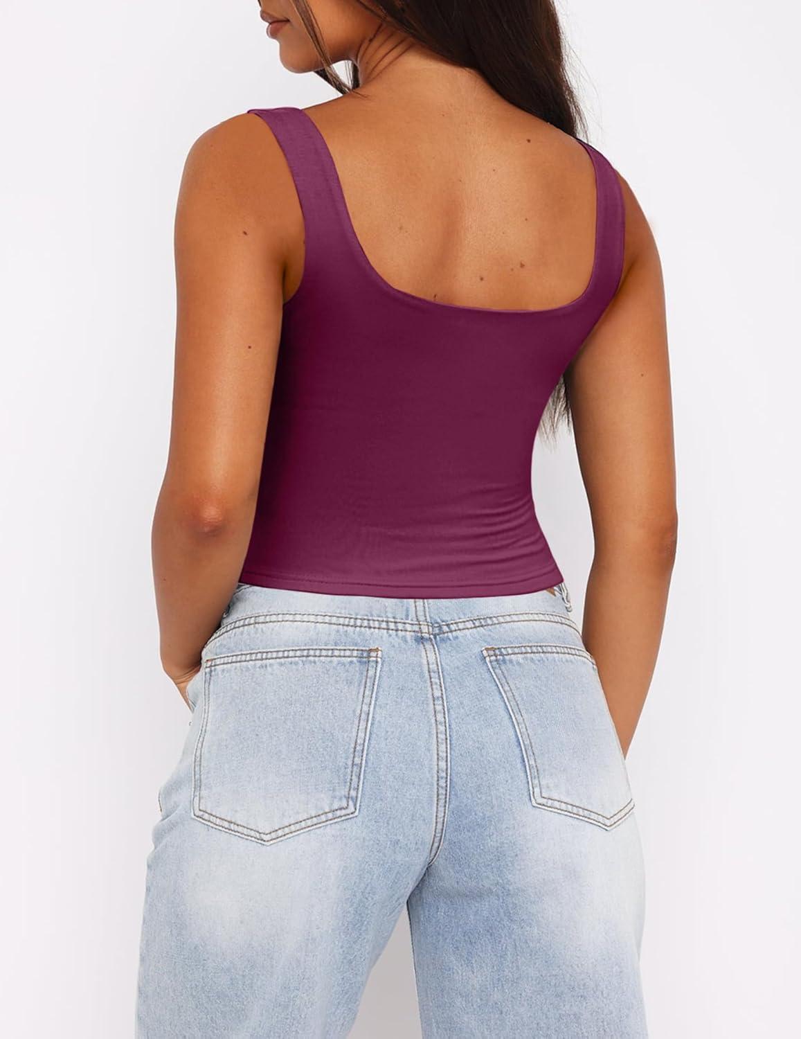 imageZeagoo Womens Square Neck Sleeveless Crop Tops 2025 Cute Double Layer Seamless Slim Fit Y2k Tank TopsBurgundy