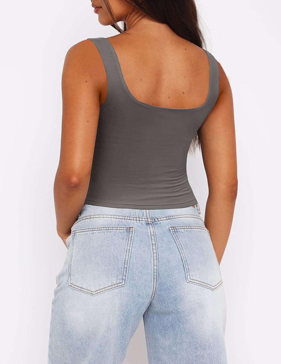 imageZeagoo Womens Square Neck Sleeveless Crop Tops 2025 Cute Double Layer Seamless Slim Fit Y2k Tank TopsDark Grey