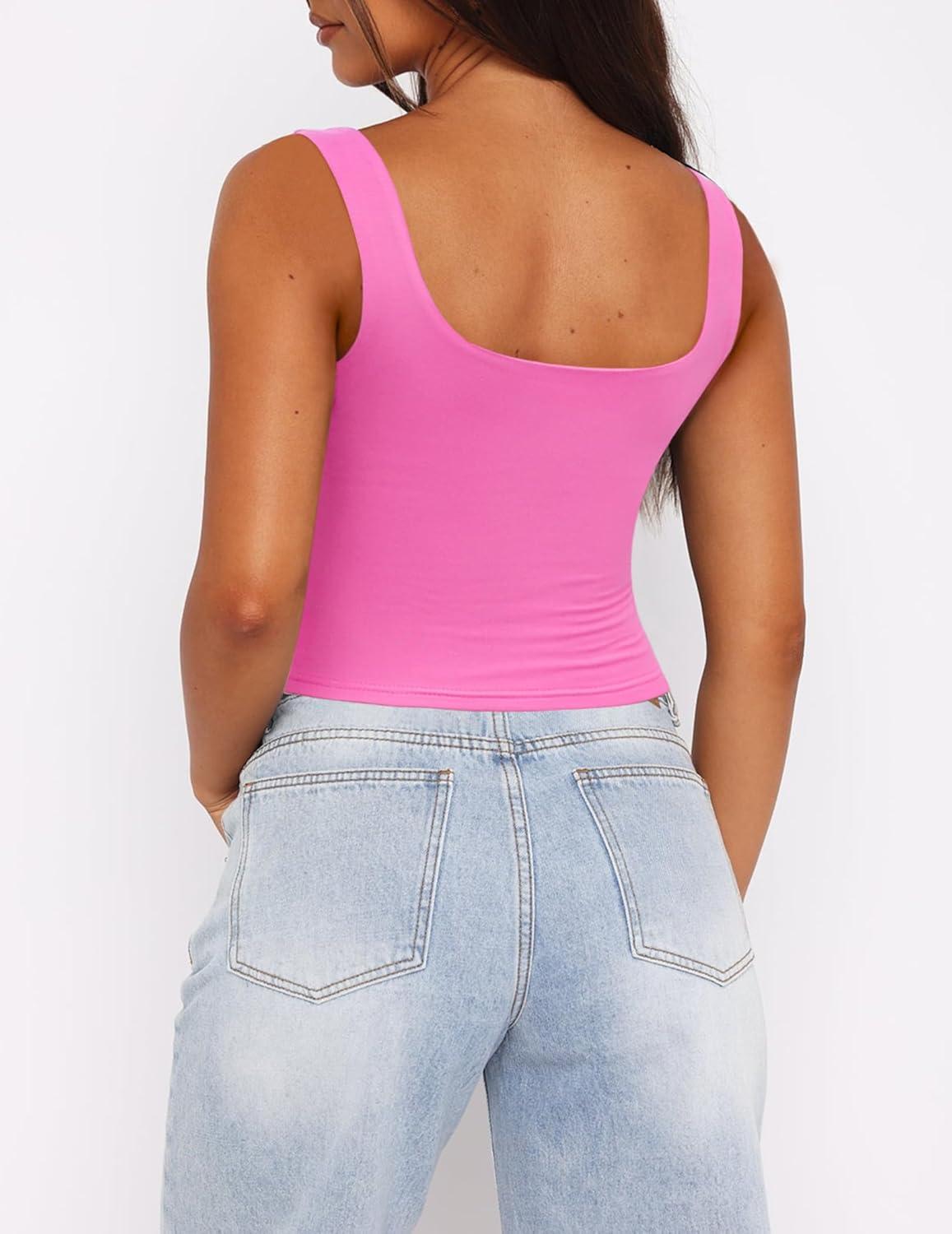 imageZeagoo Womens Square Neck Sleeveless Crop Tops 2025 Cute Double Layer Seamless Slim Fit Y2k Tank TopsFluo Pink