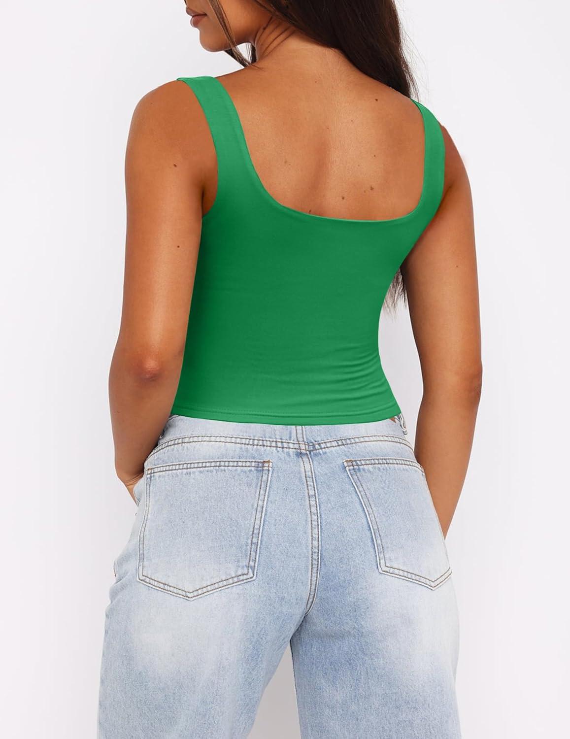 imageZeagoo Womens Square Neck Sleeveless Crop Tops 2025 Cute Double Layer Seamless Slim Fit Y2k Tank TopsGreen