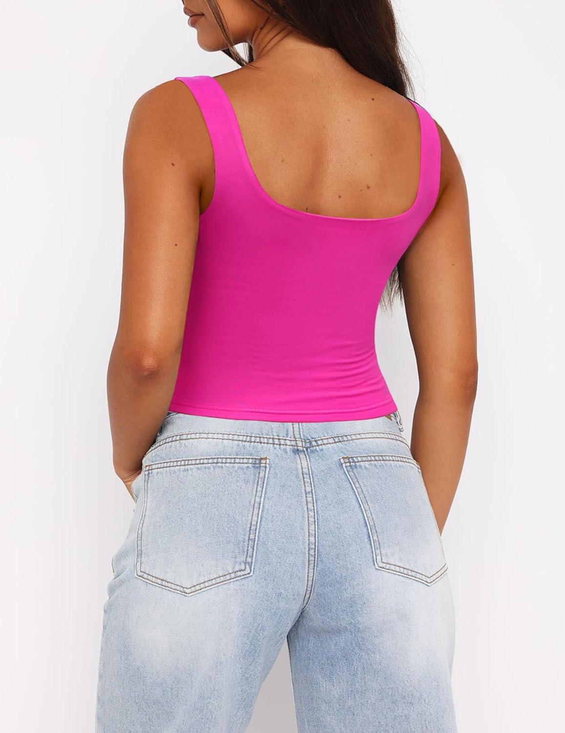 imageZeagoo Womens Square Neck Sleeveless Crop Tops 2025 Cute Double Layer Seamless Slim Fit Y2k Tank TopsHot Pink