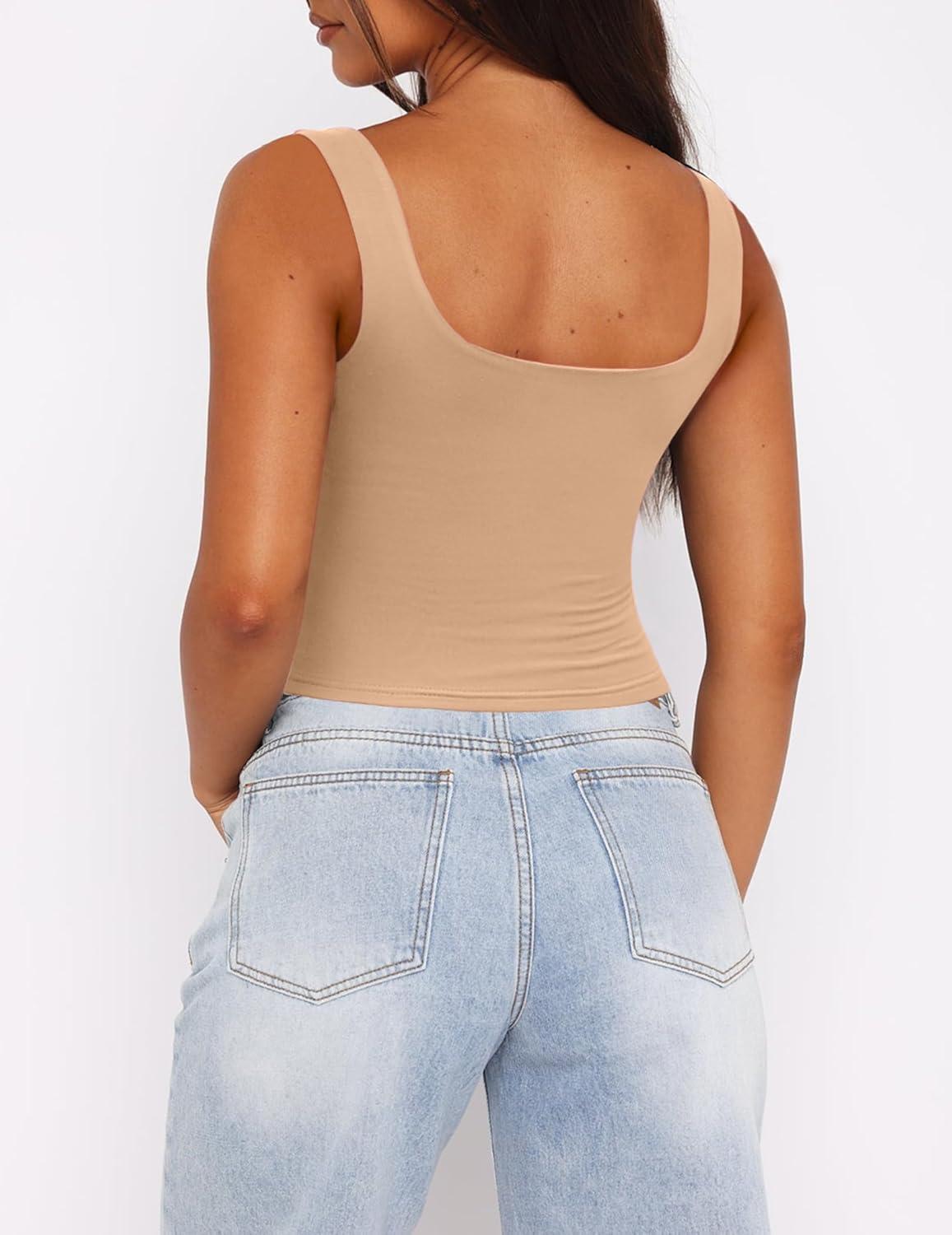 imageZeagoo Womens Square Neck Sleeveless Crop Tops 2025 Cute Double Layer Seamless Slim Fit Y2k Tank TopsNude