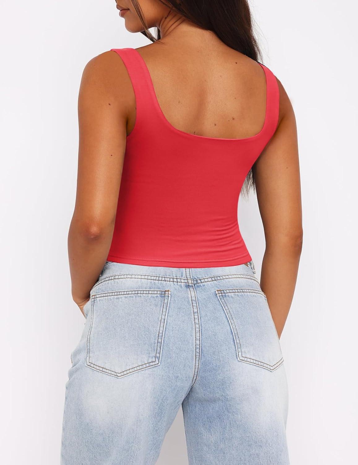 imageZeagoo Womens Square Neck Sleeveless Crop Tops 2025 Cute Double Layer Seamless Slim Fit Y2k Tank TopsRed