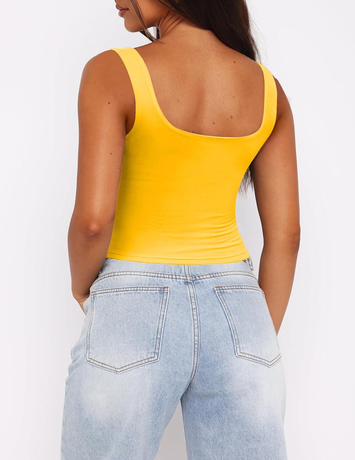 imageZeagoo Womens Square Neck Sleeveless Crop Tops 2025 Cute Double Layer Seamless Slim Fit Y2k Tank TopsYellow