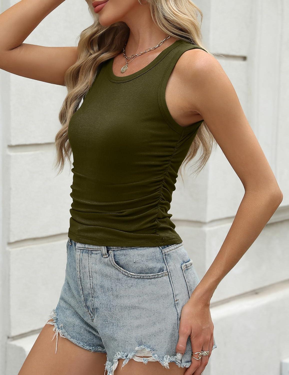 imageZeagoo Womens Tank Tops 2025 Sleeveless Summer Tops High Neck Ribbed Knit Shirts Casual Basic Ruched TopsArmy Green