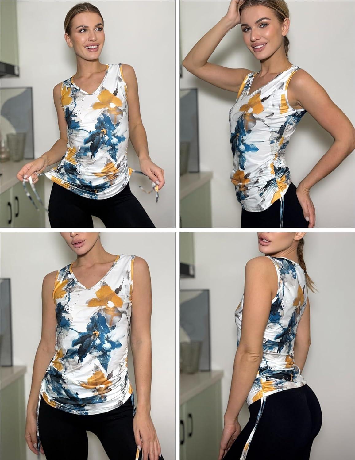 imageZeagoo Womens Tank Tops Sleeveless V Neck Casual Side Ruched Drawstring Summer ShirtsFtie Dye Flower